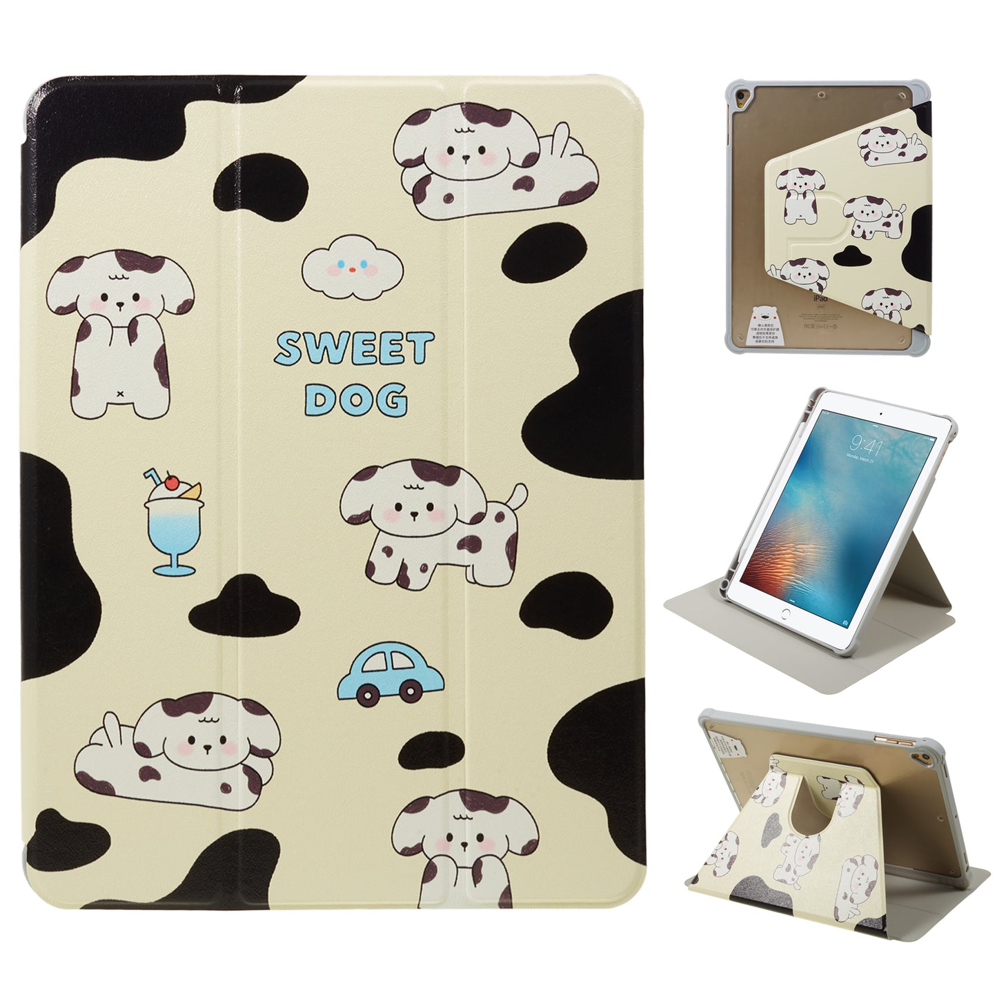 for iPad 9.7-inch (2017) / (2018) / iPad Pro 9.7 inch (2016) Printed Case PU Leather Tablet Cover with Pencil Slot - Black / White Dog