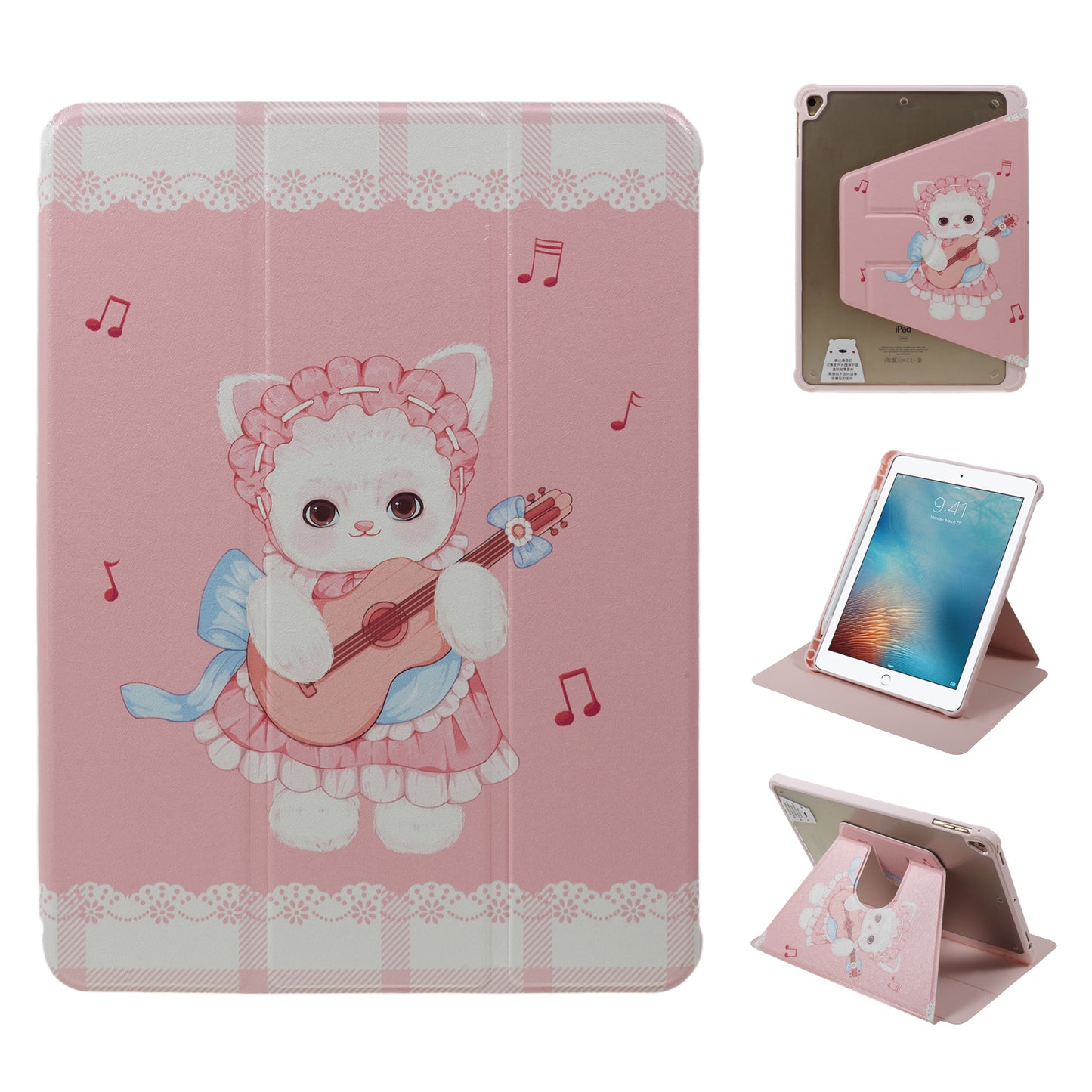 for iPad 9.7-inch (2017) / (2018) / iPad Pro 9.7 inch (2016) Printed Case PU Leather Tablet Cover with Pencil Slot - Guitar Cat