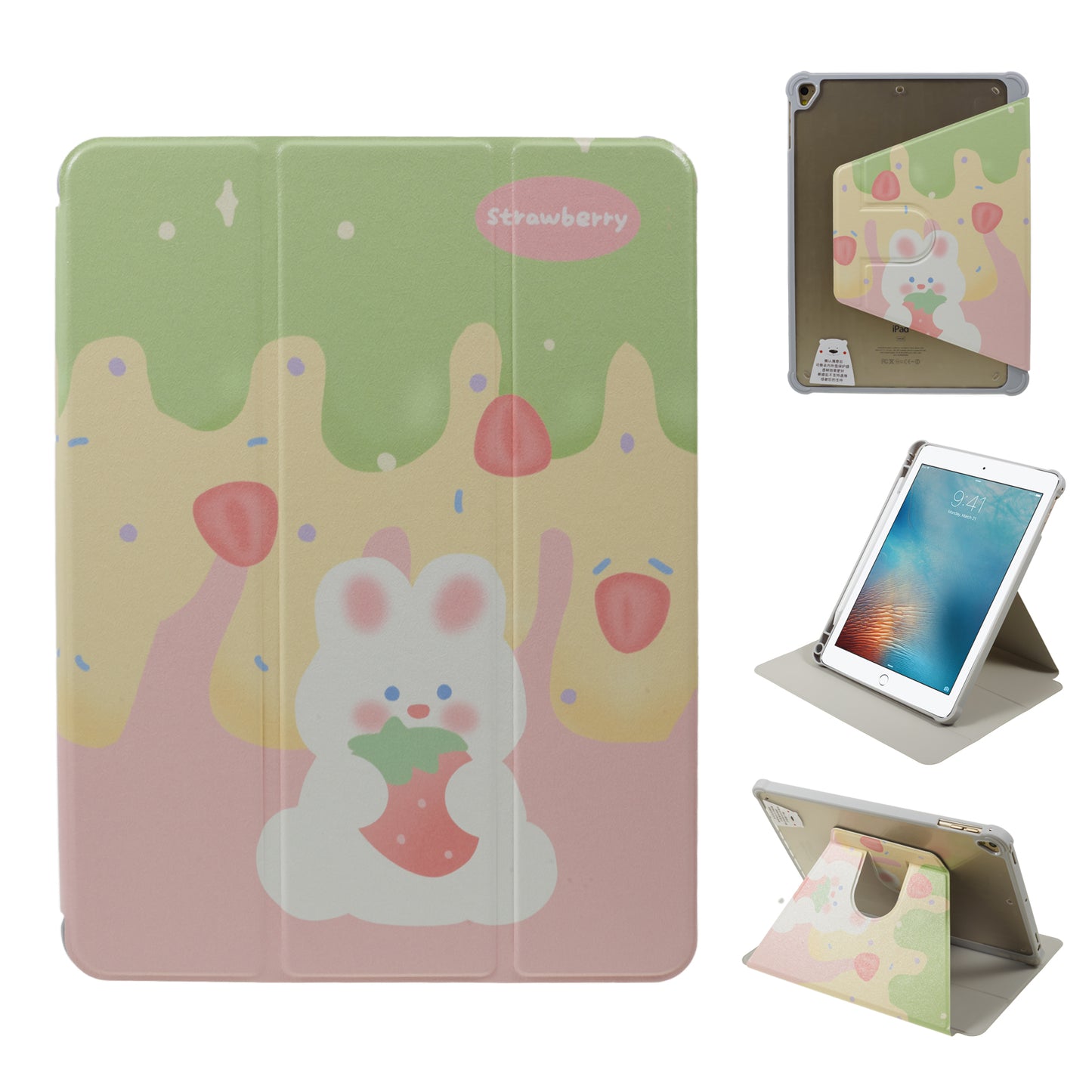for iPad 9.7-inch (2017) / (2018) / iPad Pro 9.7 inch (2016) Printed Case PU Leather Tablet Cover with Pencil Slot - Rabbit