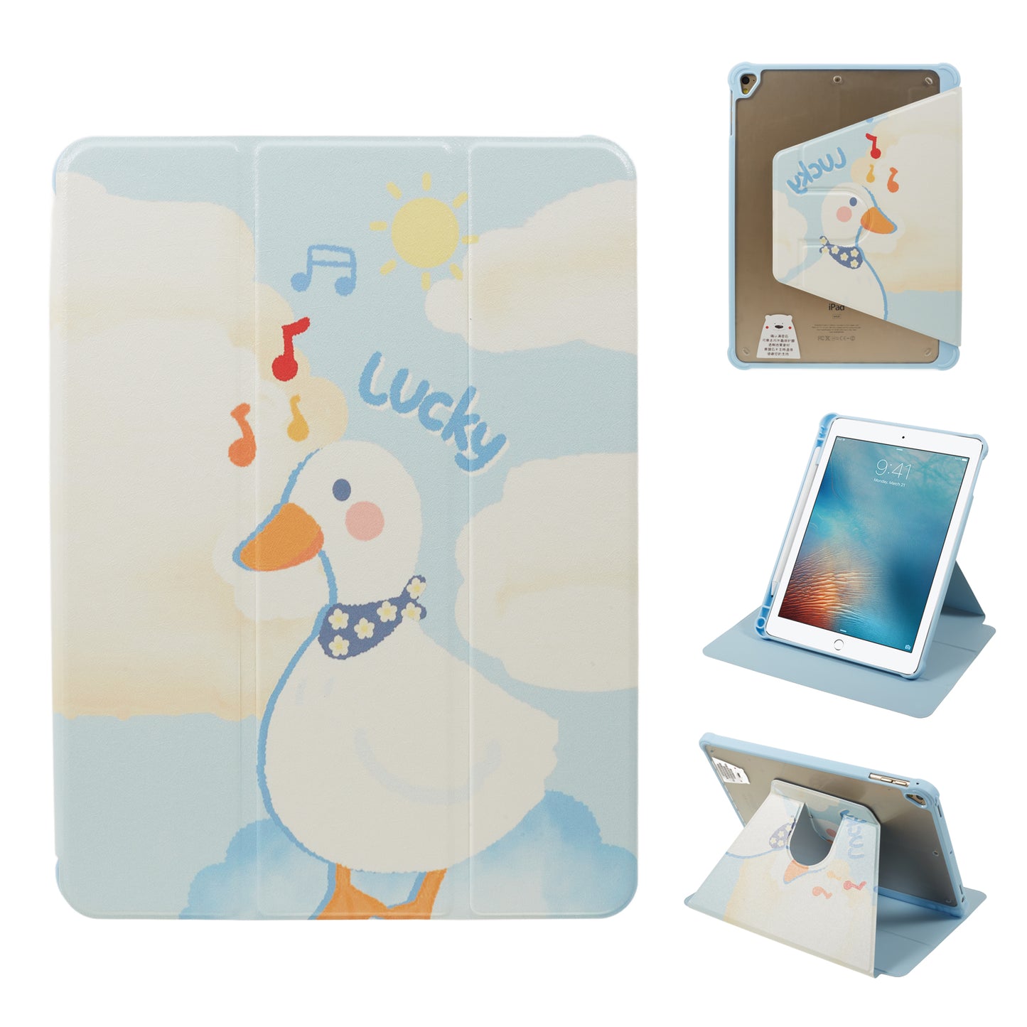 for iPad 9.7-inch (2017) / (2018) / iPad Pro 9.7 inch (2016) Printed Case PU Leather Tablet Cover with Pencil Slot - Duck