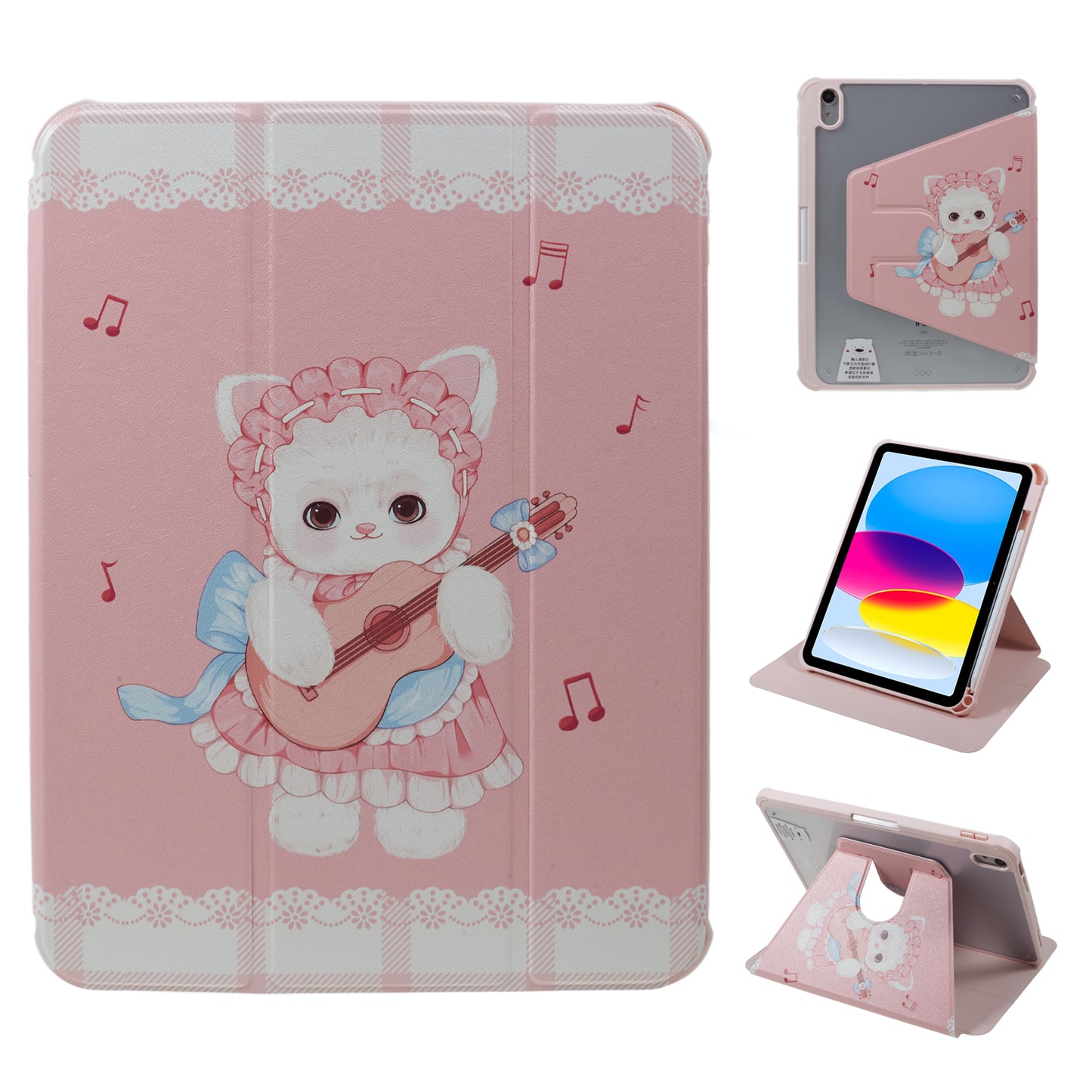 Pattern Printed Tablet Case for iPad 10.9 (2022) 360-Degree Rotating Stand Anti-Drop PU Leather Cover with Pencil Slot - Guitar Cat