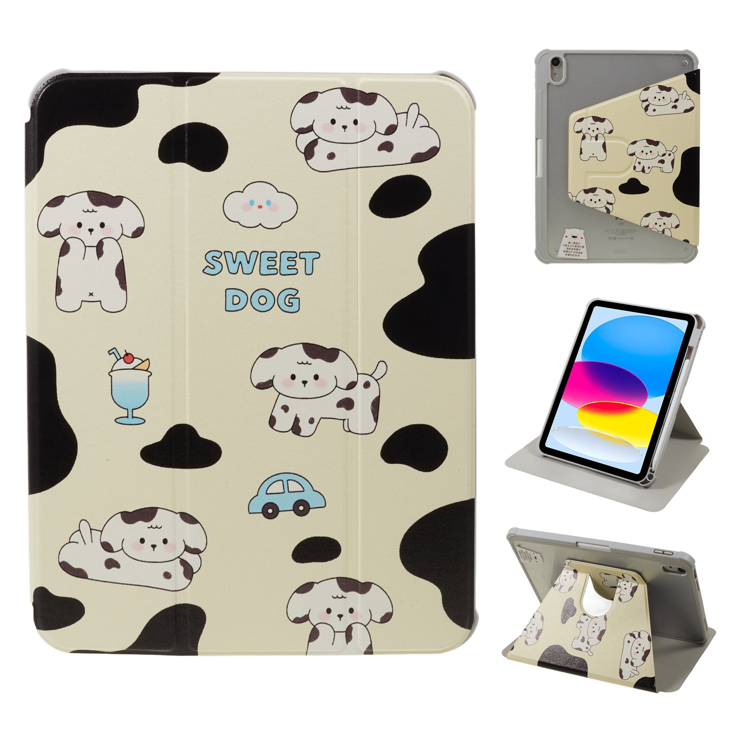 Pattern Printed Tablet Case for iPad 10.9 (2022) 360-Degree Rotating Stand Anti-Drop PU Leather Cover with Pencil Slot - Black / White Dog