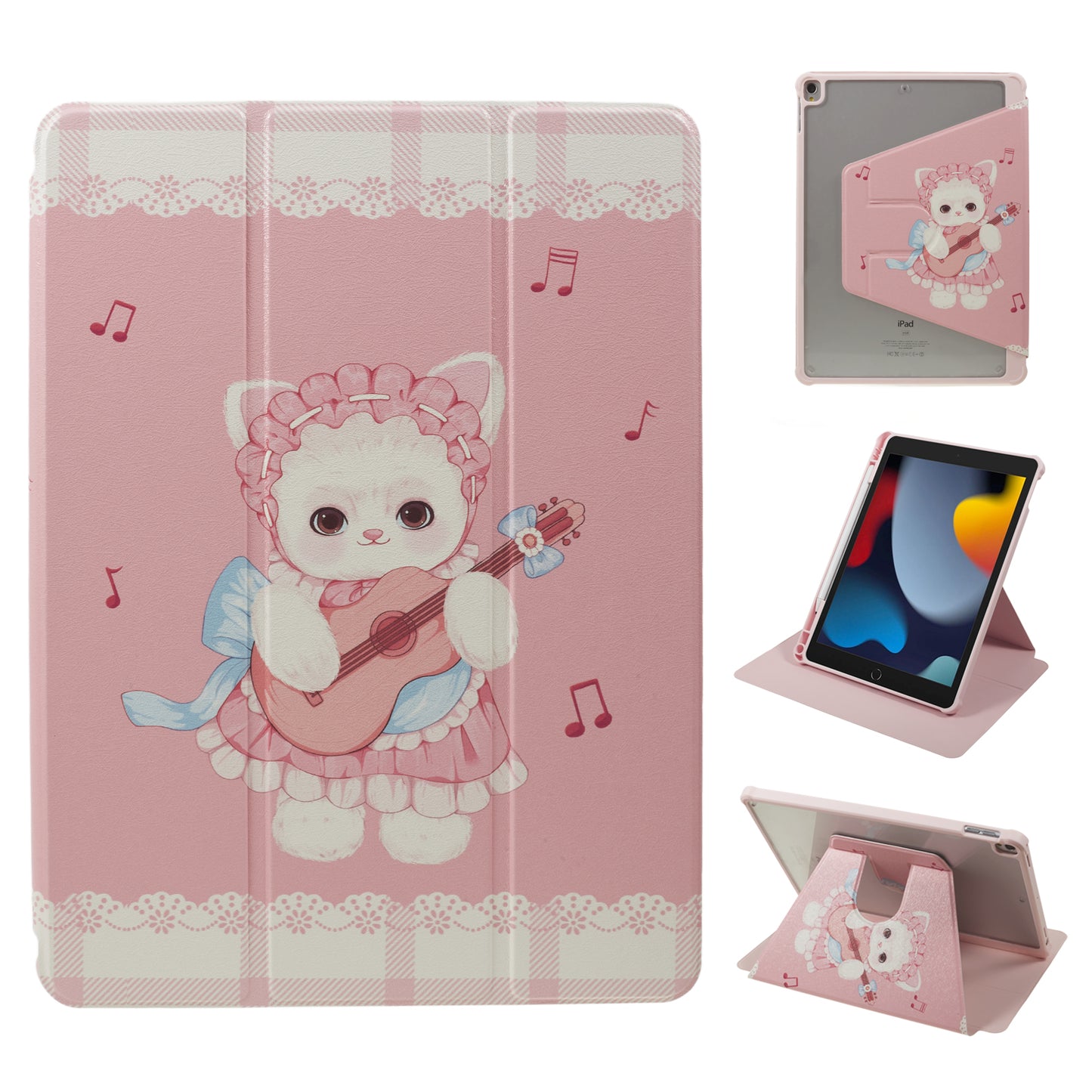Uniqkart for iPad 10.2 (2021) / (2019) / (2020) / iPad Pro 10.5-inch (2017) Anti-Drop Tablet Case Pattern Printed Leather Cover with Pencil Slot - Guitar Cat