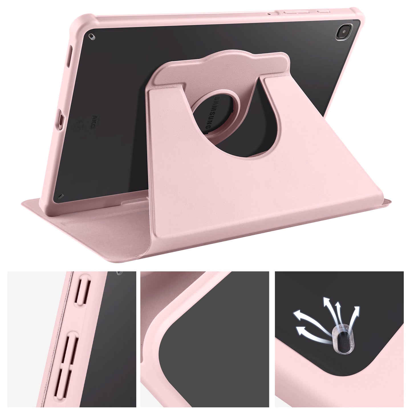 Uniqkart for Samsung Galaxy Tab S6 Lite / S6 Lite (2022) Anti-Drop Tablet Case 360-Degree Rotating Stand PU Leather Acrylic Cover - Pink
