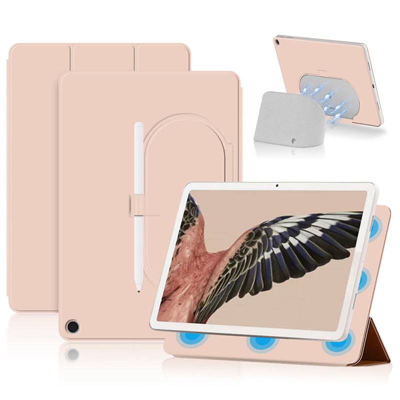 Uniqkart for Google Pixel Tablet Trifold Stand Magnetic Leather Tablet Cover Pen Holder Case with Hole Uniqkart for Charger Speaker Dock - Pink