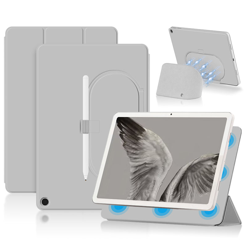 Uniqkart for Google Pixel Tablet Trifold Stand Magnetic Leather Tablet Cover Pen Holder Case with Hole Uniqkart for Charger Speaker Dock - Grey