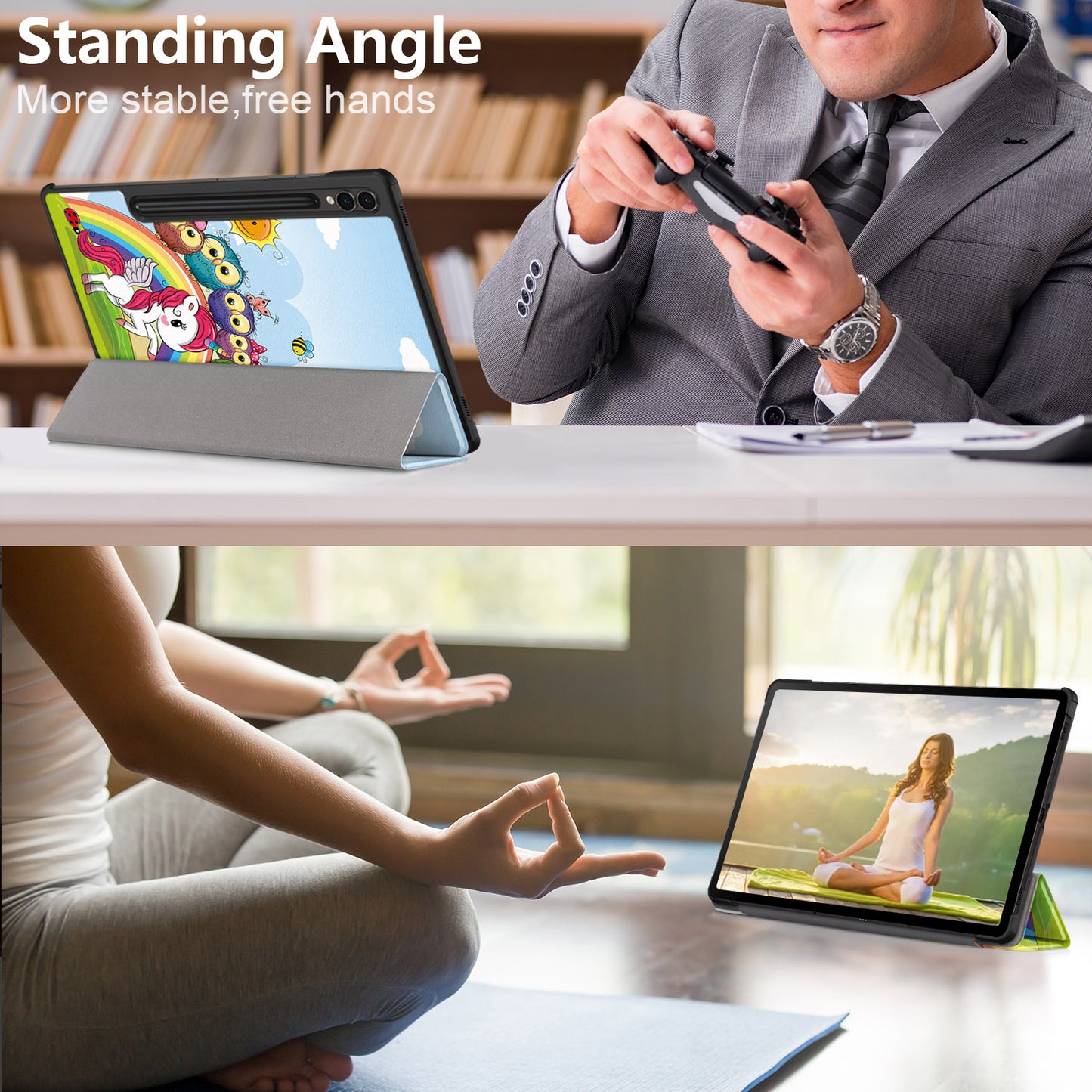 Uniqkart for Samsung Galaxy Tab S9+ Tri-fold Stand Cover PU Leather Pattern Printing Smart Tablet Case - Horse