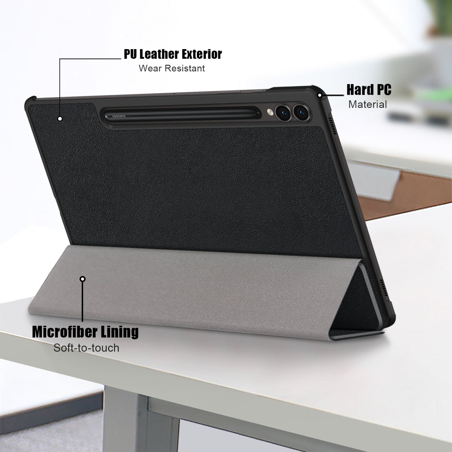 Uniqkart for Samsung Galaxy Tab S9+ PU Leather Trifold Stand Cover Auto Wake / Sleep Smart Tablet Case - Black
