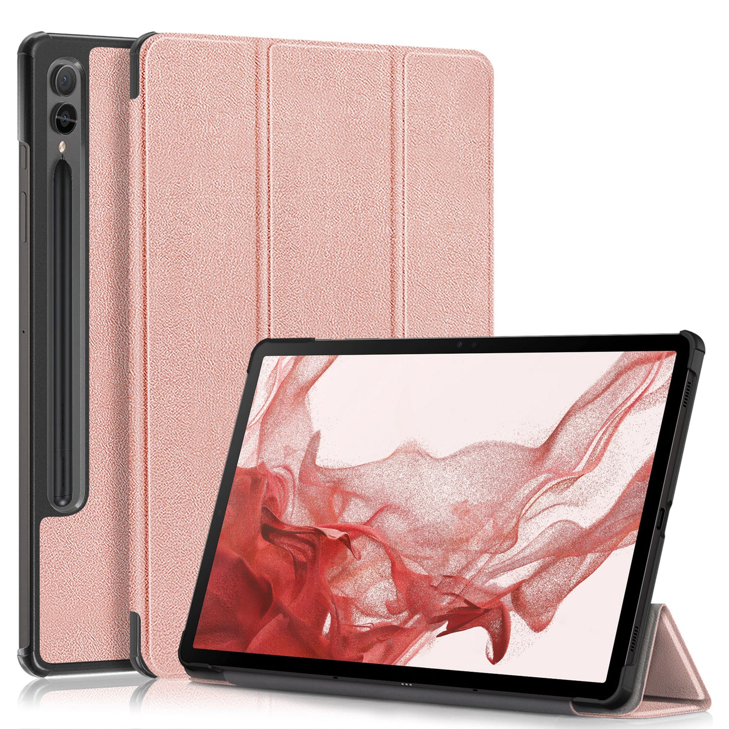 Uniqkart for Samsung Galaxy Tab S9+ PU Leather Trifold Stand Cover Auto Wake / Sleep Smart Tablet Case - Rose Gold