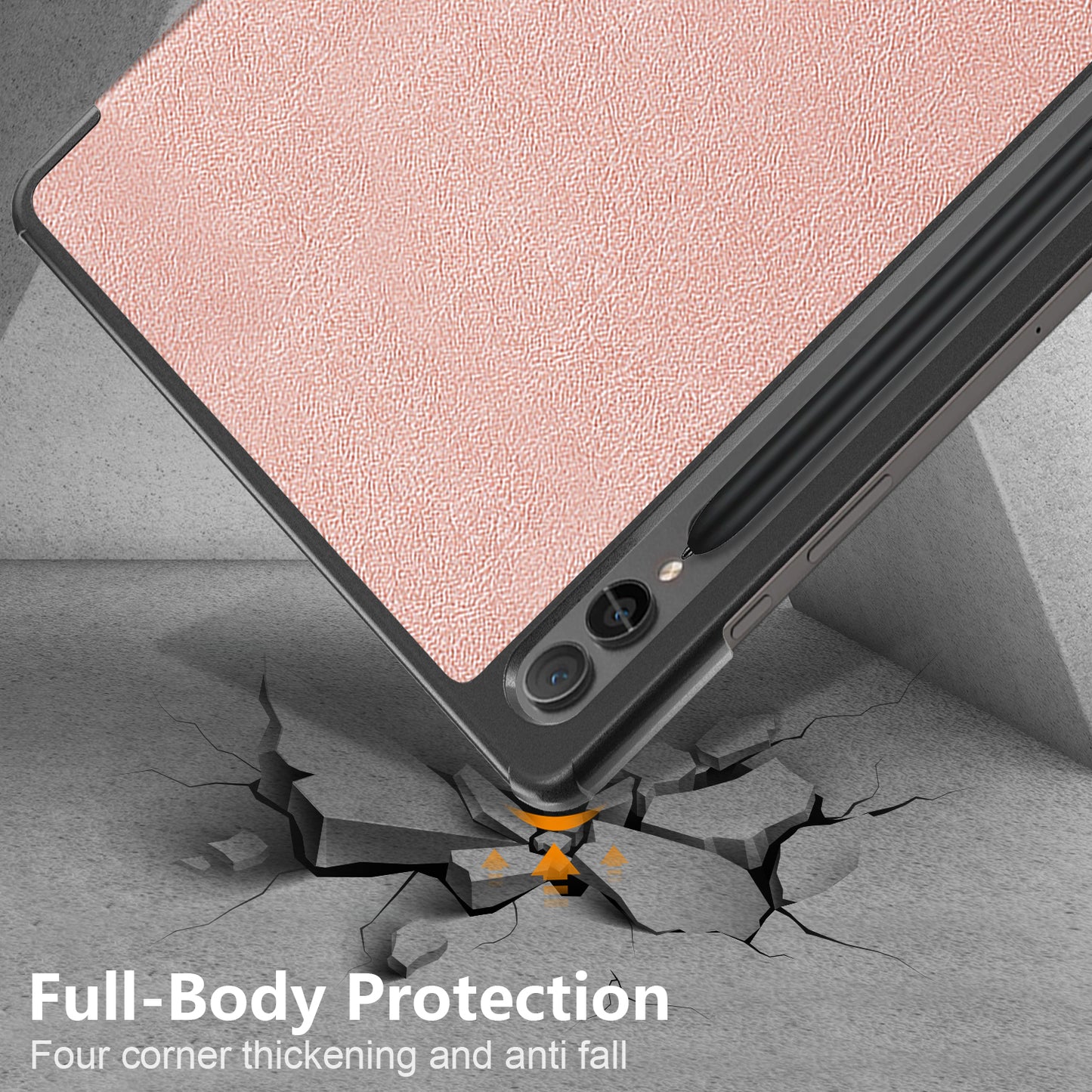 Uniqkart for Samsung Galaxy Tab S9+ PU Leather Trifold Stand Cover Auto Wake / Sleep Smart Tablet Case - Rose Gold