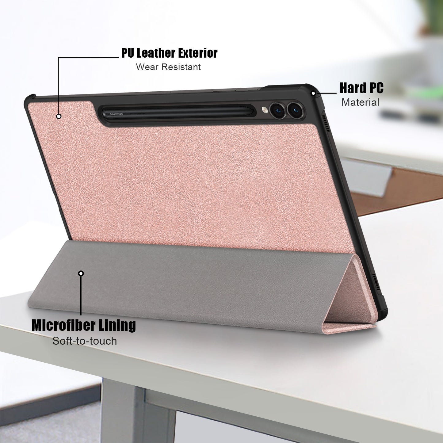 Uniqkart for Samsung Galaxy Tab S9+ PU Leather Trifold Stand Cover Auto Wake / Sleep Smart Tablet Case - Rose Gold