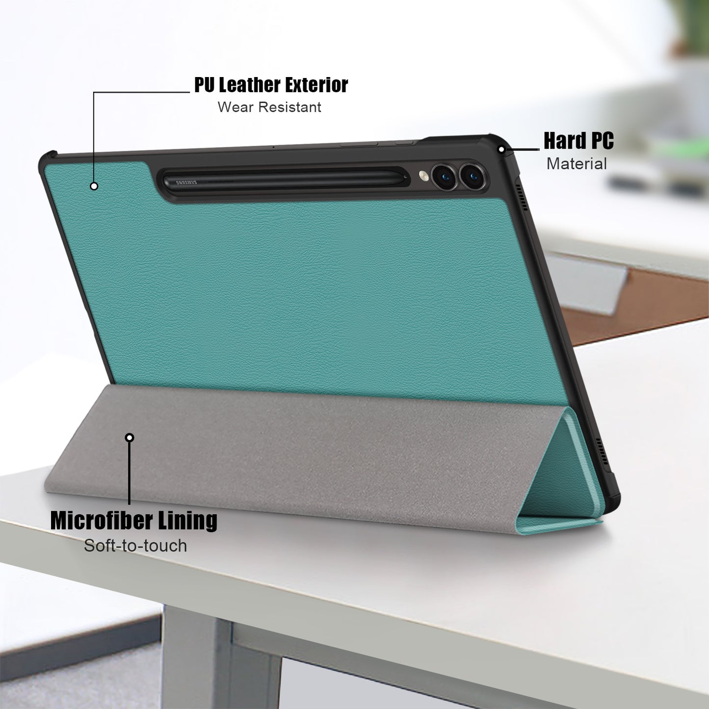 Uniqkart for Samsung Galaxy Tab S9+ PU Leather Trifold Stand Cover Auto Wake / Sleep Smart Tablet Case - Blackish Green