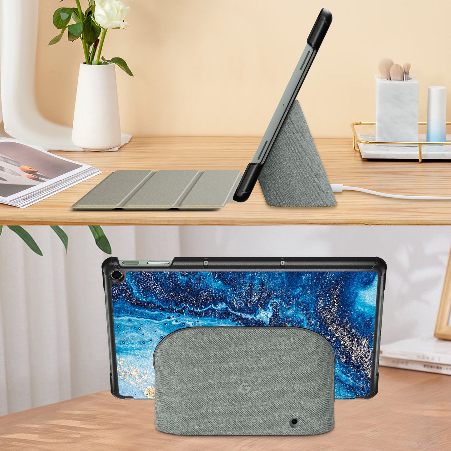 Pattern Printed Shockproof Case for Google Pixel Tablet Tri-fold Stand PU Leather Tablet Cover - Wave