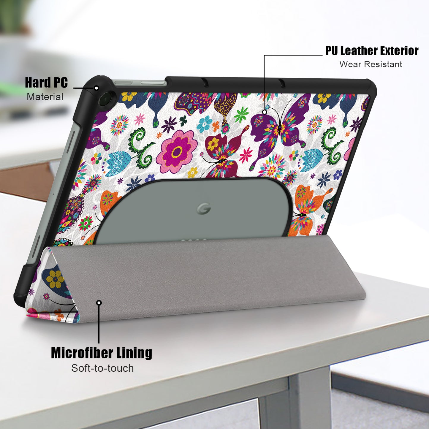 Pattern Printed Shockproof Case for Google Pixel Tablet Tri-fold Stand PU Leather Tablet Cover - Butterflies