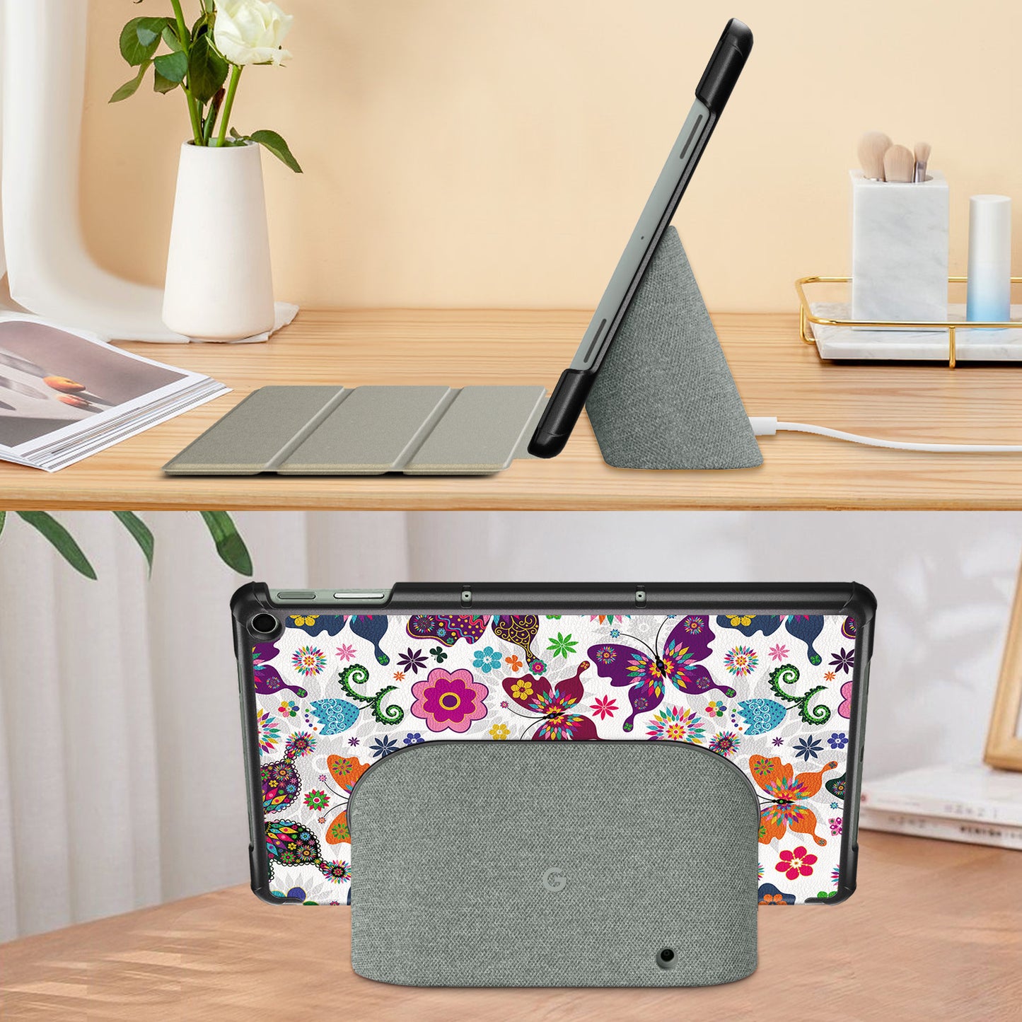 Pattern Printed Shockproof Case for Google Pixel Tablet Tri-fold Stand PU Leather Tablet Cover - Butterflies