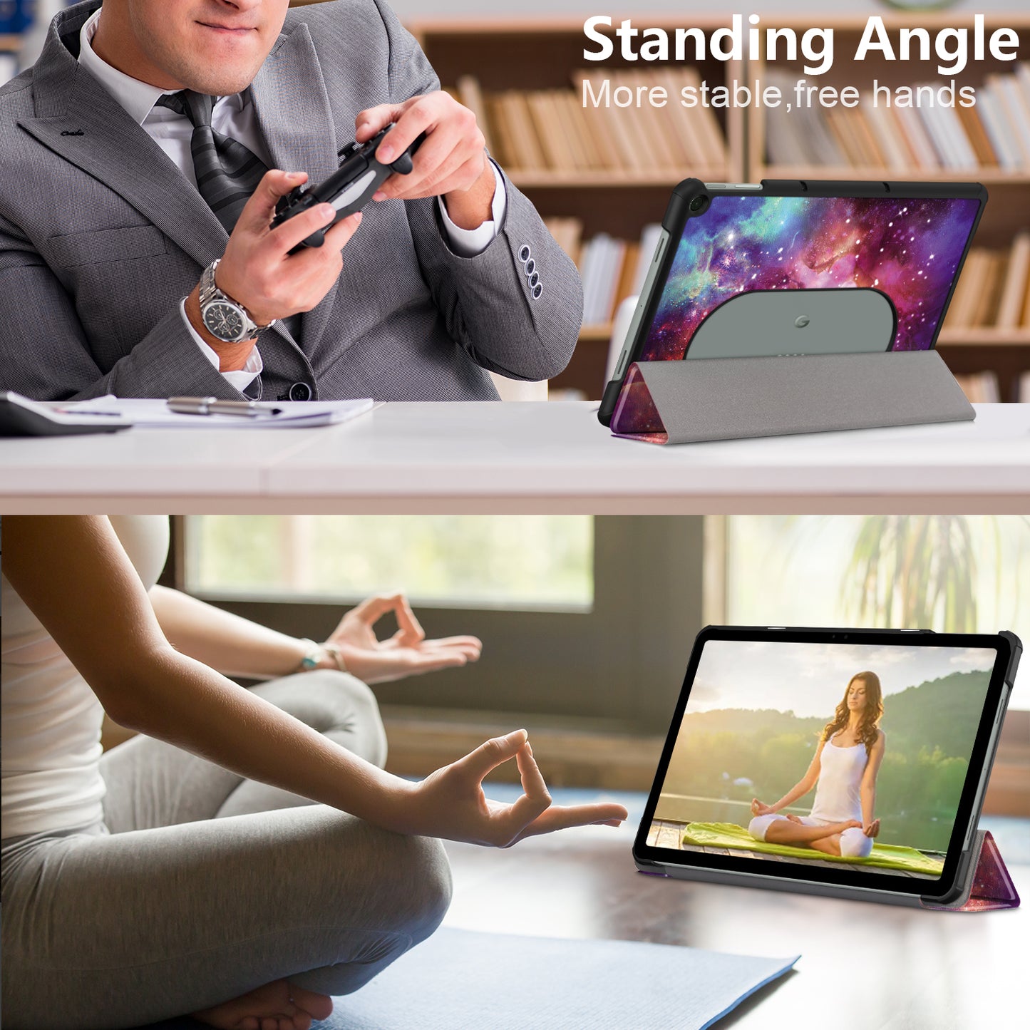 Pattern Printed Shockproof Case for Google Pixel Tablet Tri-fold Stand PU Leather Tablet Cover - Galaxy