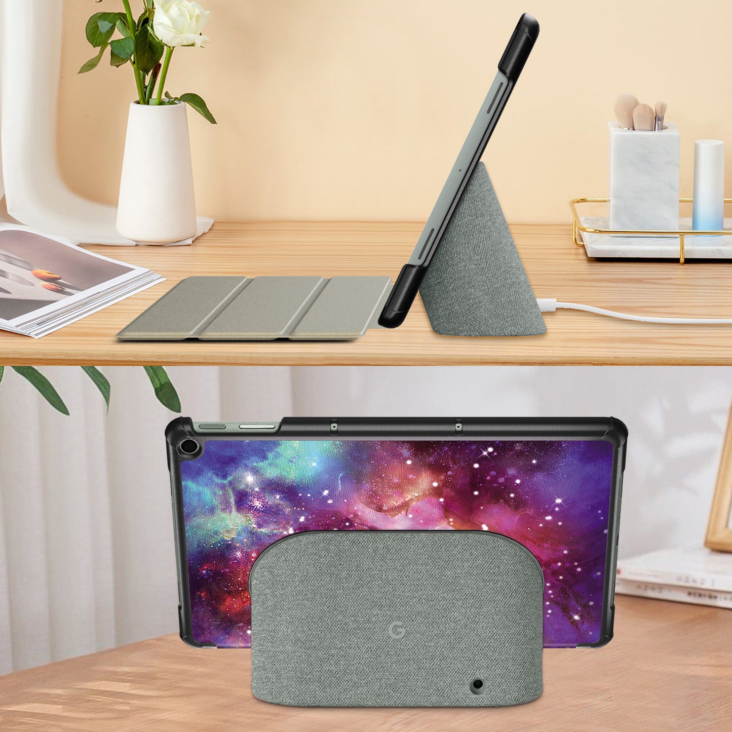 Pattern Printed Shockproof Case for Google Pixel Tablet Tri-fold Stand PU Leather Tablet Cover - Galaxy