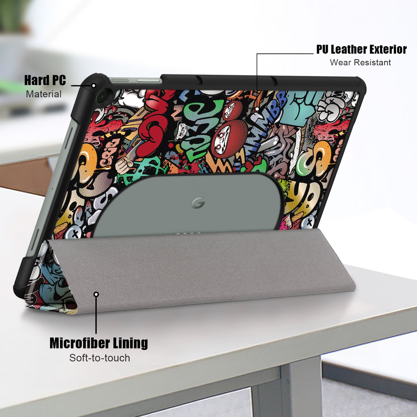 Pattern Printed Shockproof Case for Google Pixel Tablet Tri-fold Stand PU Leather Tablet Cover - Graffiti