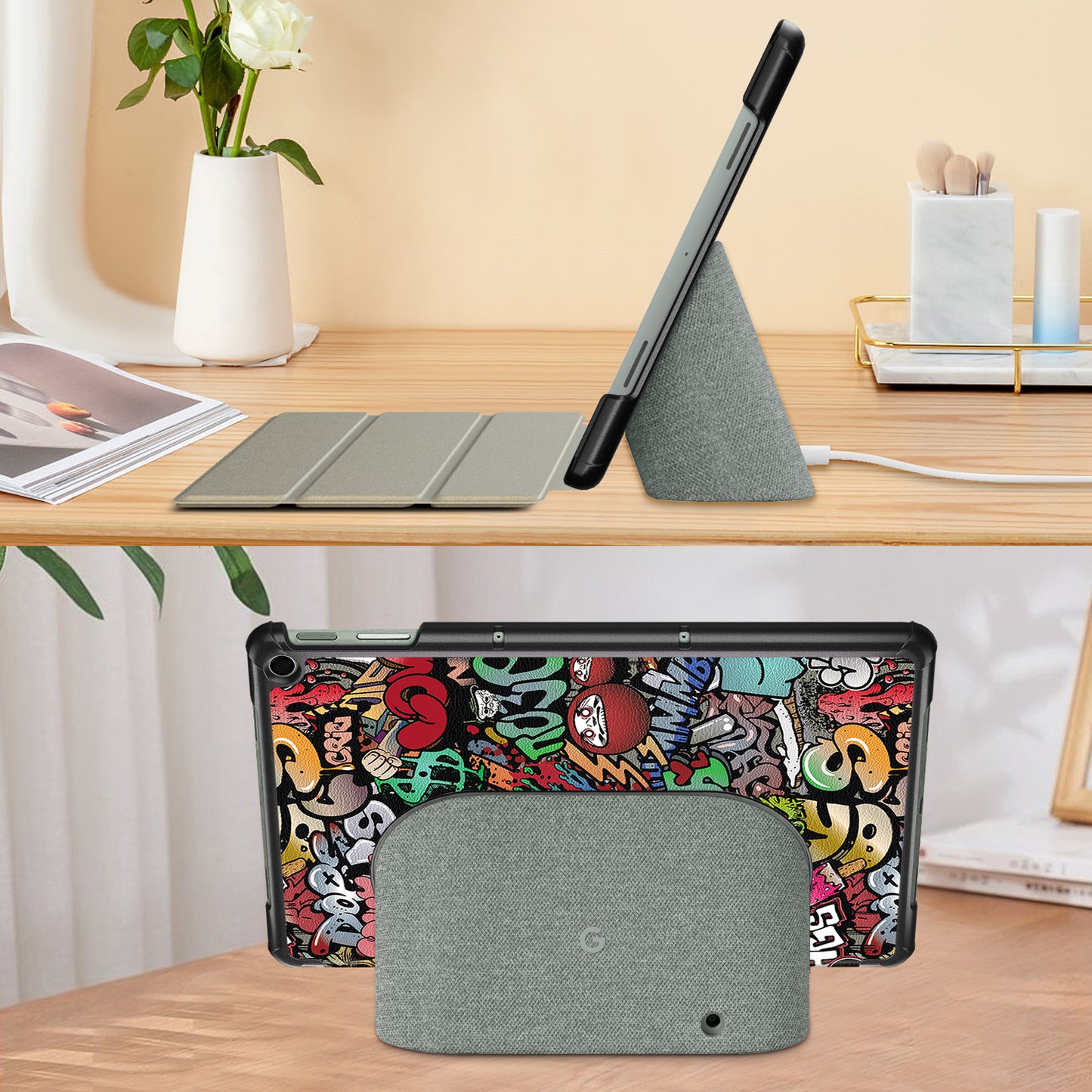 Pattern Printed Shockproof Case for Google Pixel Tablet Tri-fold Stand PU Leather Tablet Cover - Graffiti