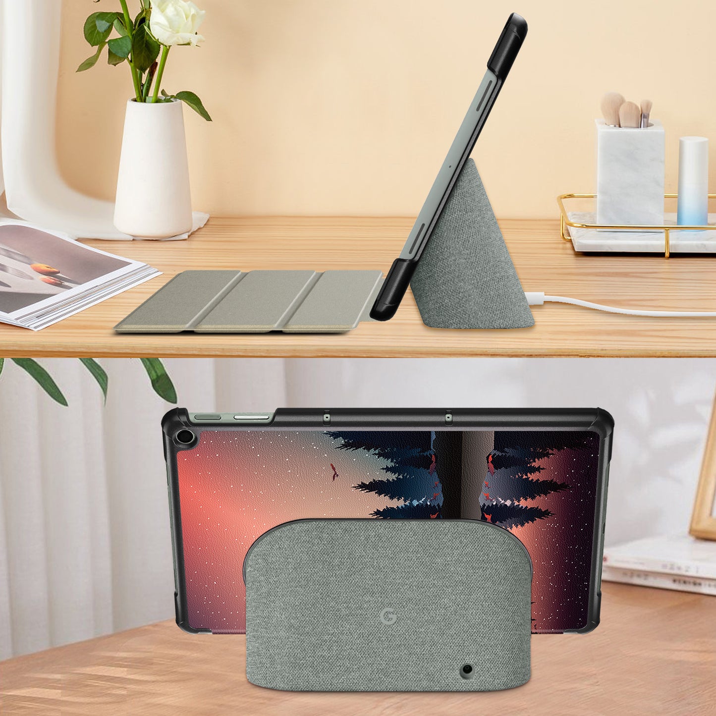 Pattern Printed Shockproof Case for Google Pixel Tablet Tri-fold Stand PU Leather Tablet Cover - Nightfall