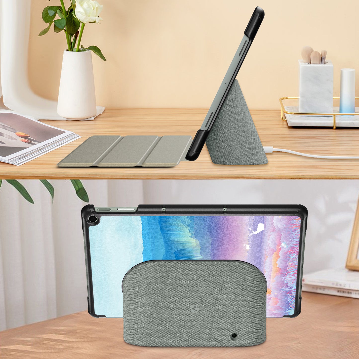 Pattern Printed Shockproof Case for Google Pixel Tablet Tri-fold Stand PU Leather Tablet Cover - Fantasy Deer