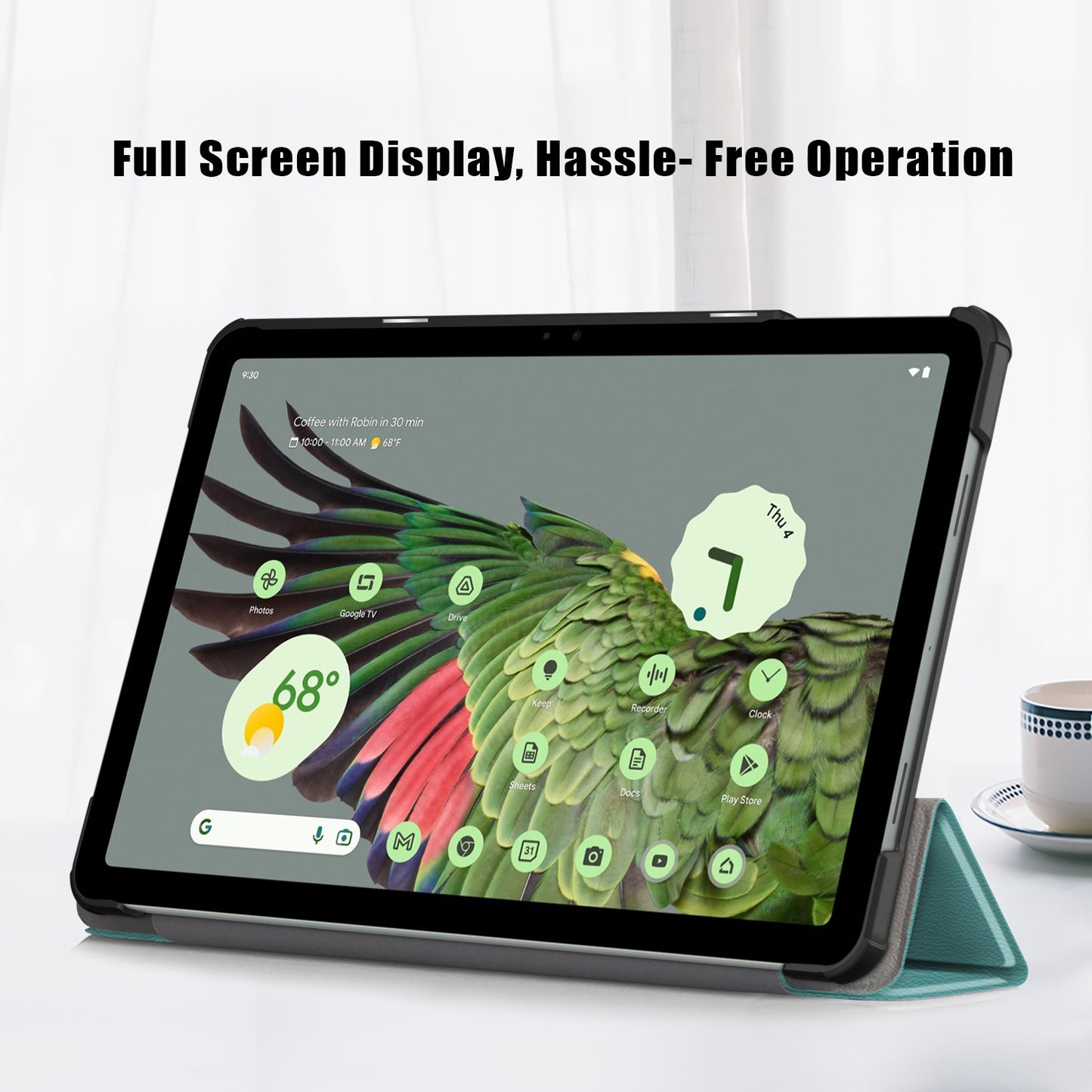 Pure Color Protective Case for Google Pixel Tablet PU Leather Anti-drop Tablet Cover with Case Tri-fold Stand - Blackish Green