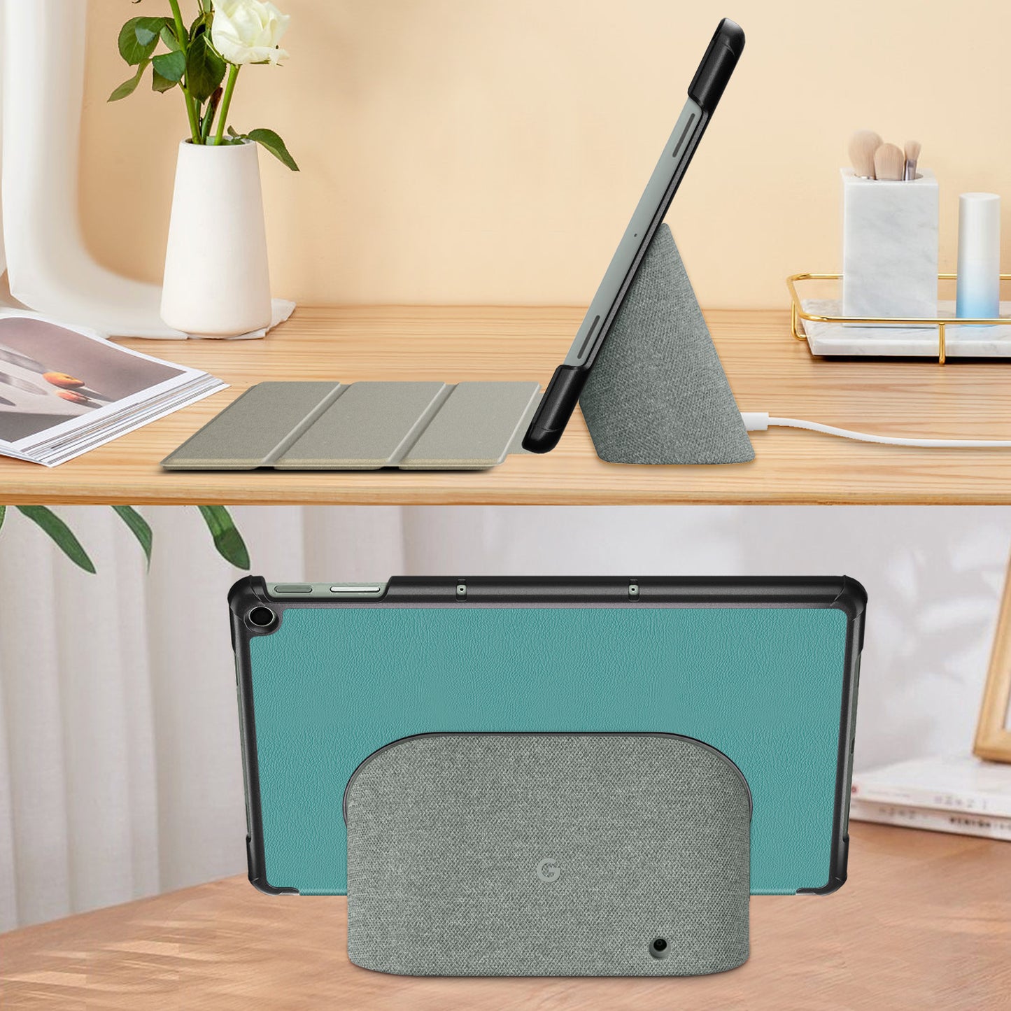 Pure Color Protective Case for Google Pixel Tablet PU Leather Anti-drop Tablet Cover with Case Tri-fold Stand - Blackish Green