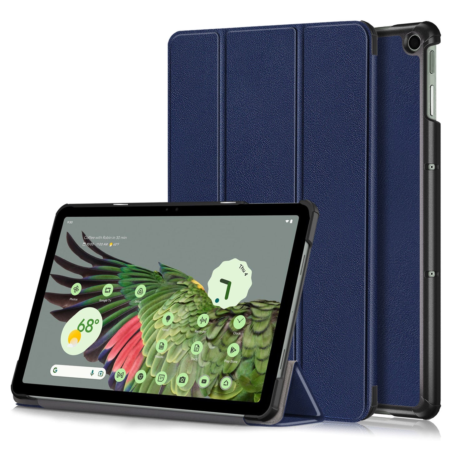 Pure Color Protective Case for Google Pixel Tablet PU Leather Anti-drop Tablet Cover with Case Tri-fold Stand - Dark Blue