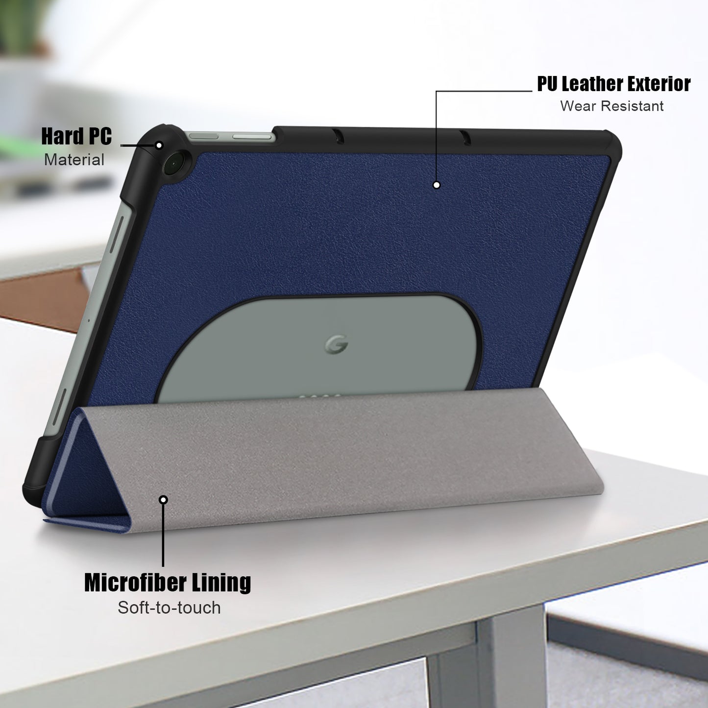 Pure Color Protective Case for Google Pixel Tablet PU Leather Anti-drop Tablet Cover with Case Tri-fold Stand - Dark Blue