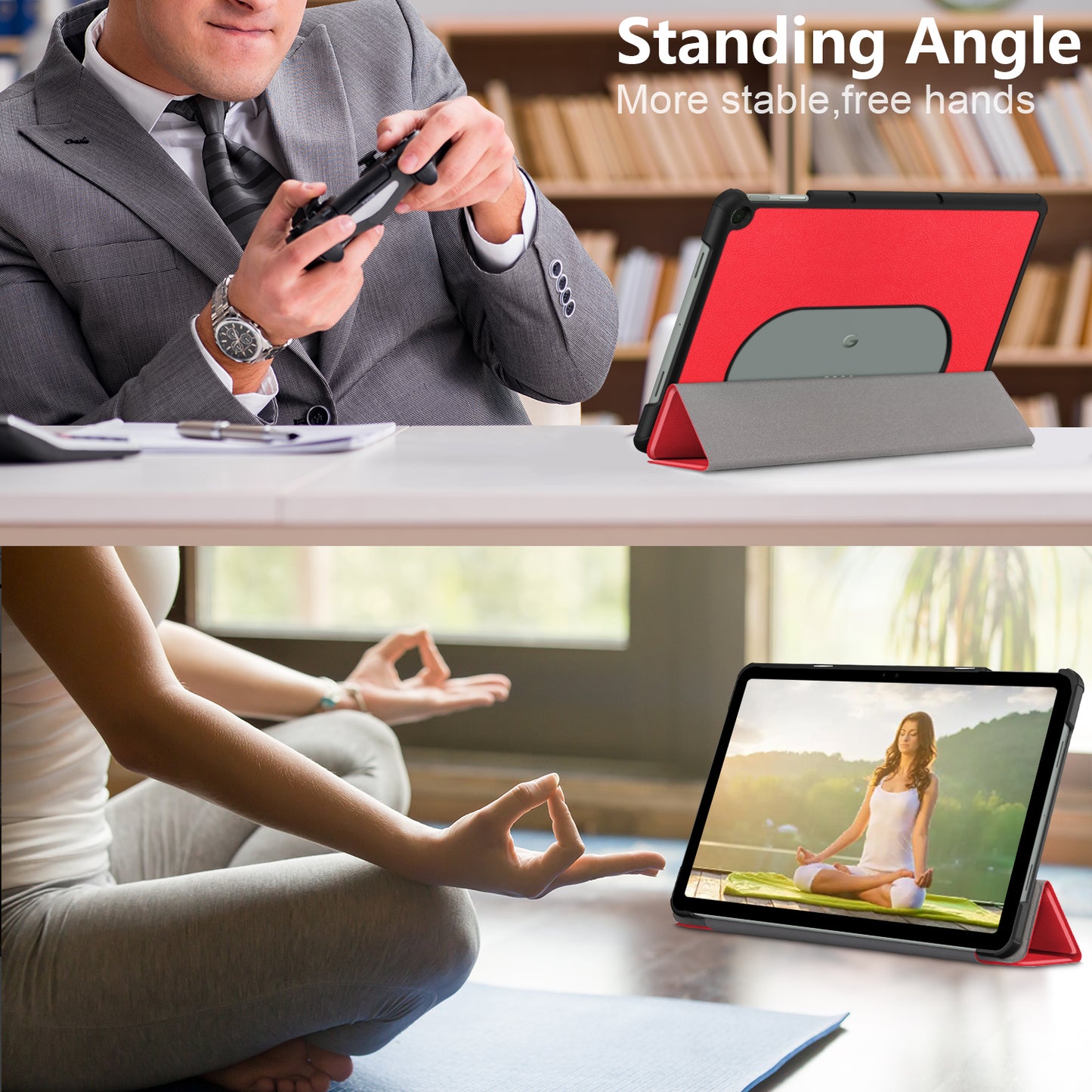 Pure Color Protective Case for Google Pixel Tablet PU Leather Anti-drop Tablet Cover with Case Tri-fold Stand - Red