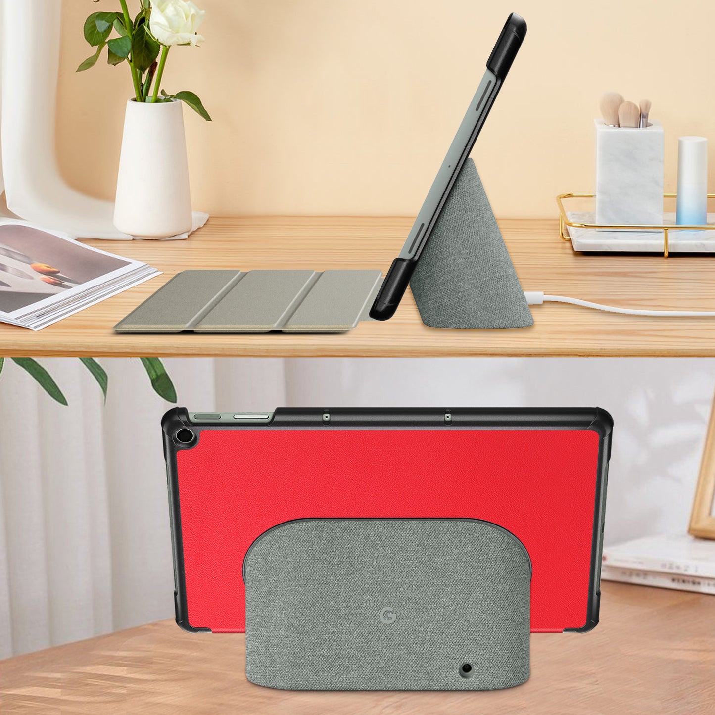 Pure Color Protective Case for Google Pixel Tablet PU Leather Anti-drop Tablet Cover with Case Tri-fold Stand - Red