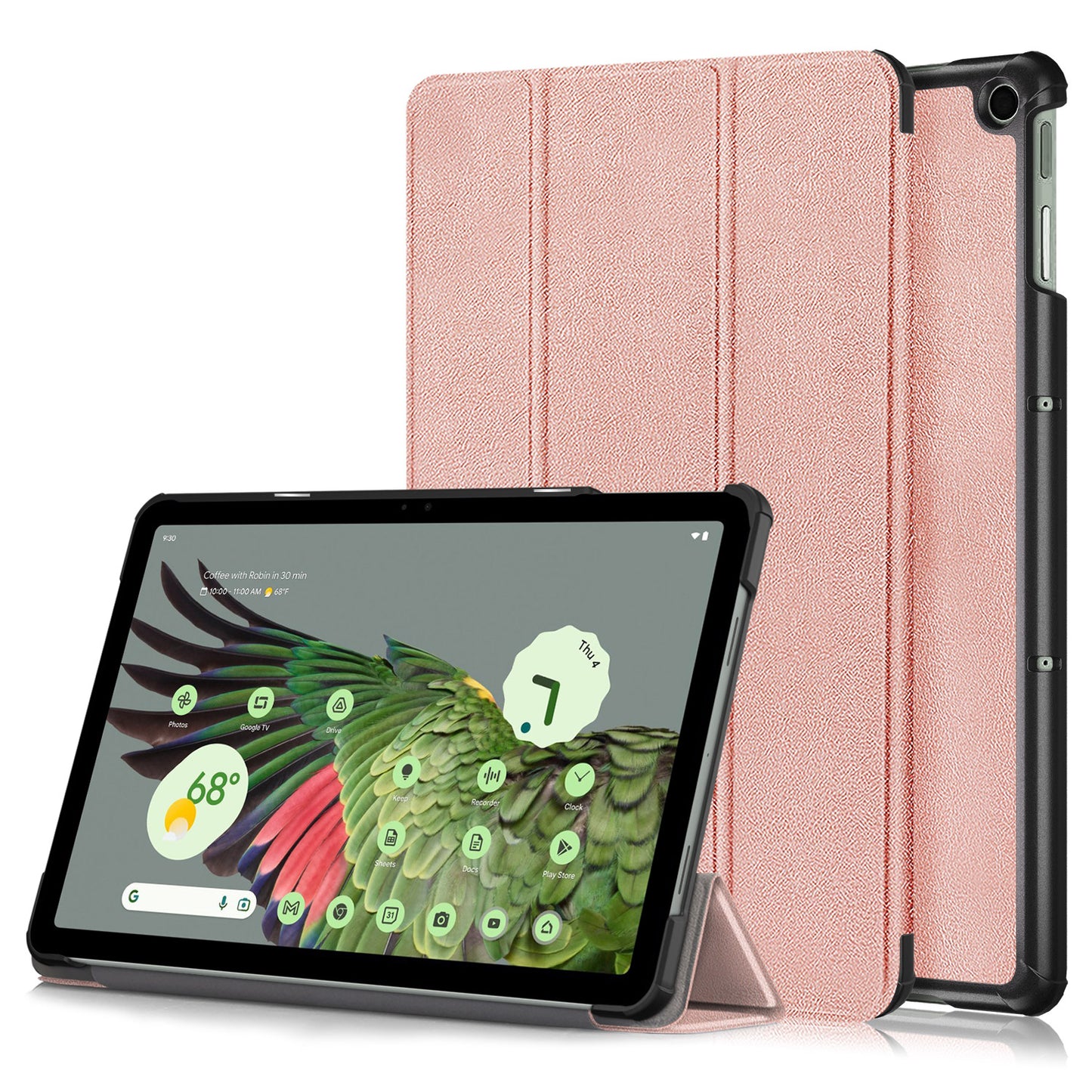 Pure Color Protective Case for Google Pixel Tablet PU Leather Anti-drop Tablet Cover with Case Tri-fold Stand - Rose Gold