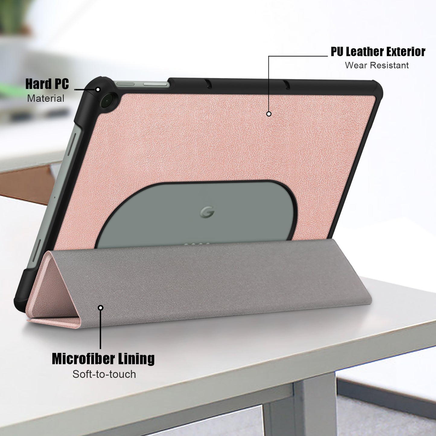 Pure Color Protective Case for Google Pixel Tablet PU Leather Anti-drop Tablet Cover with Case Tri-fold Stand - Rose Gold