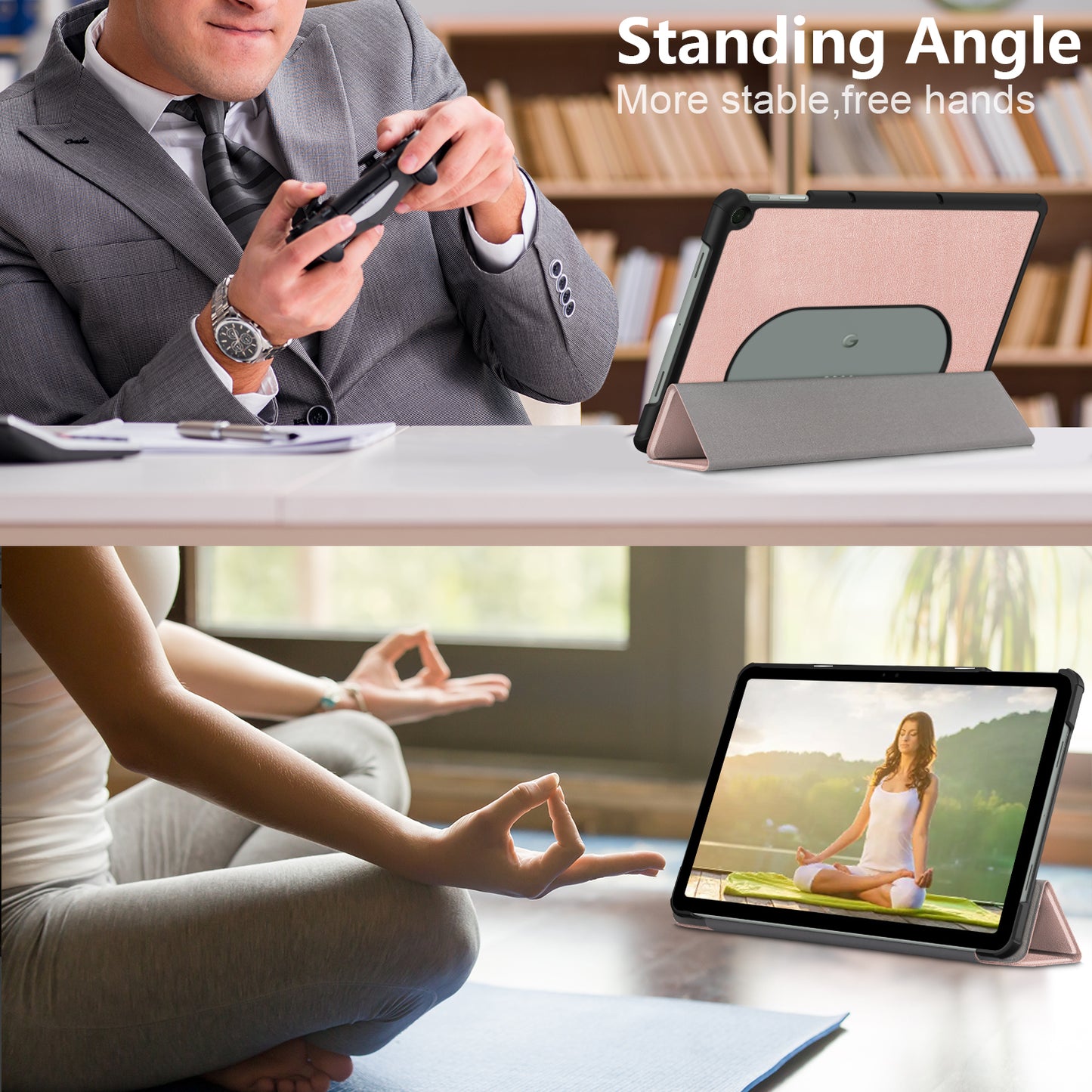 Pure Color Protective Case for Google Pixel Tablet PU Leather Anti-drop Tablet Cover with Case Tri-fold Stand - Rose Gold