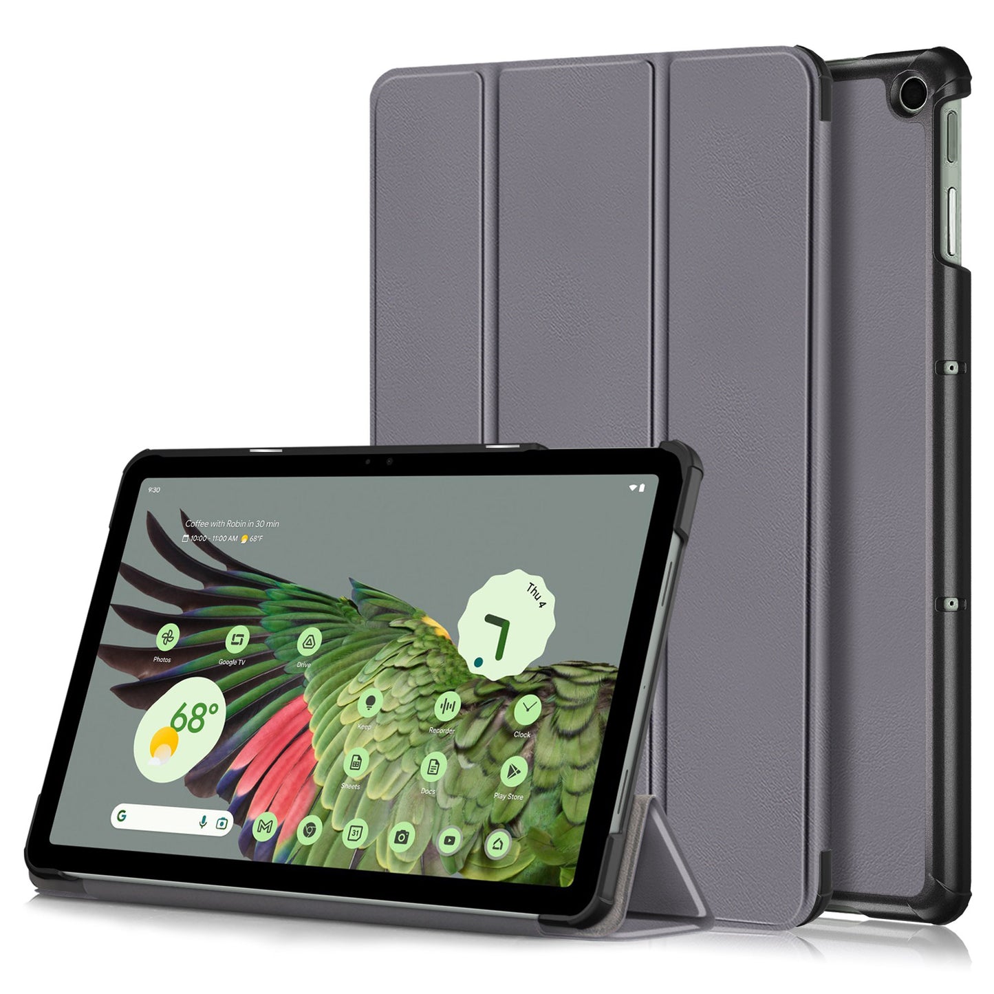 Pure Color Protective Case for Google Pixel Tablet PU Leather Anti-drop Tablet Cover with Case Tri-fold Stand - Grey