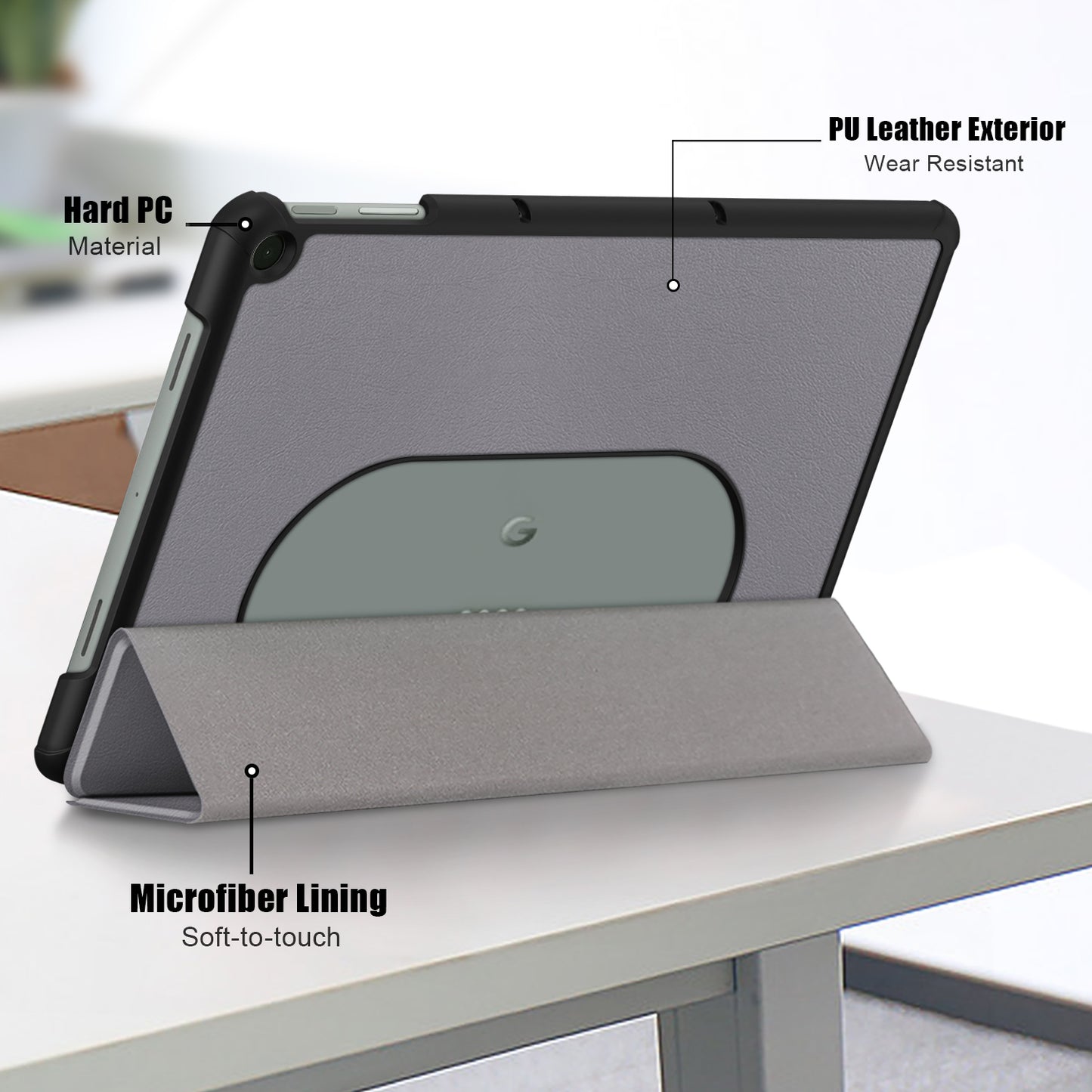 Pure Color Protective Case for Google Pixel Tablet PU Leather Anti-drop Tablet Cover with Case Tri-fold Stand - Grey