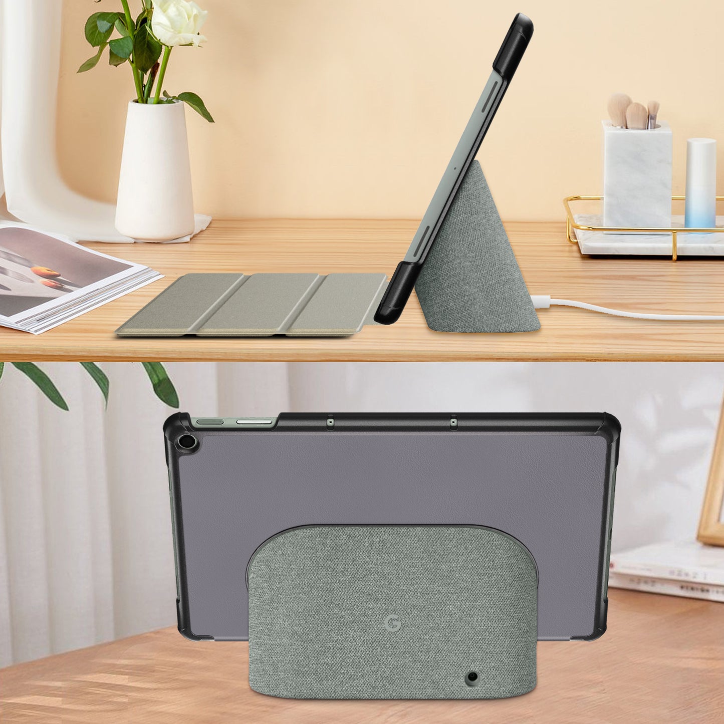 Pure Color Protective Case for Google Pixel Tablet PU Leather Anti-drop Tablet Cover with Case Tri-fold Stand - Grey