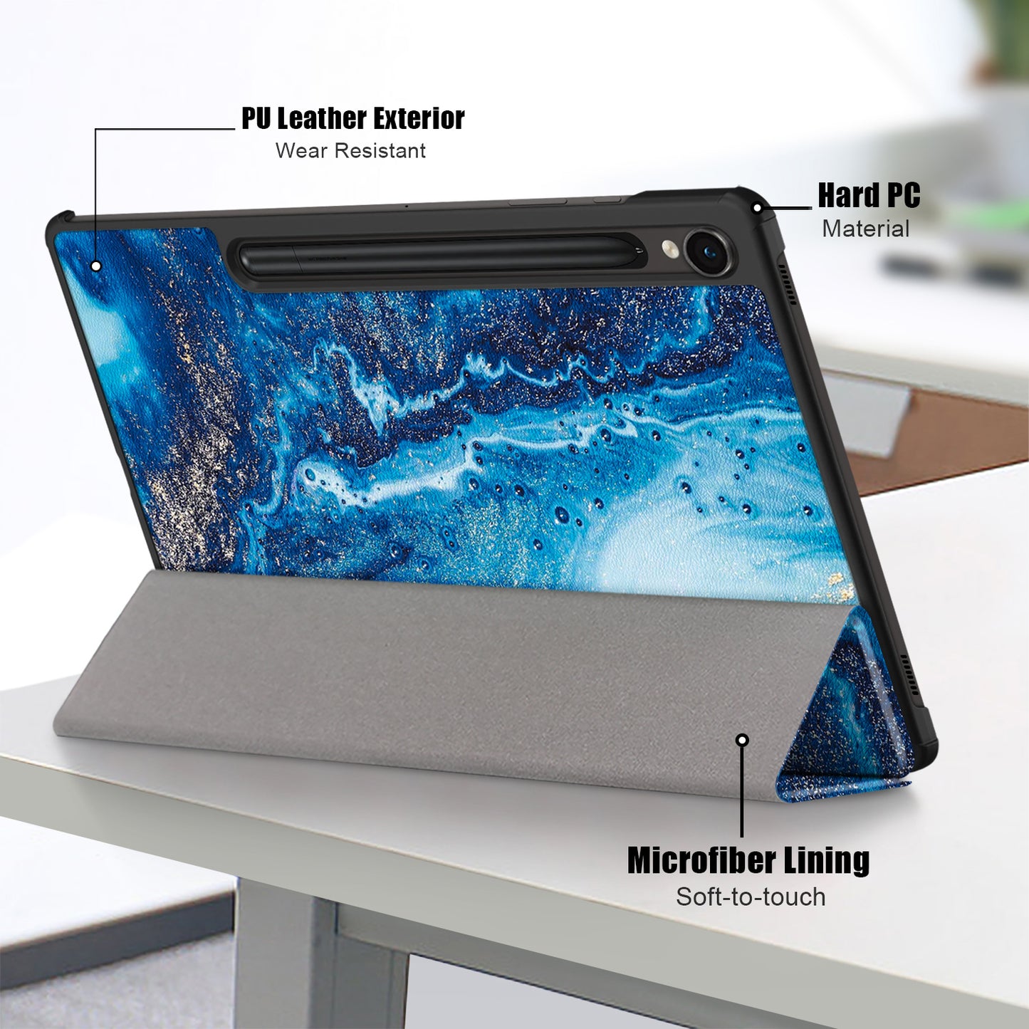 Uniqkart for Samsung Galaxy Tab S9 11-Inch SM-X710, SM-X716B, SM-X718U Pattern Printing Leather Tablet Case Trifold Stand Smart Cover - Sea Wave