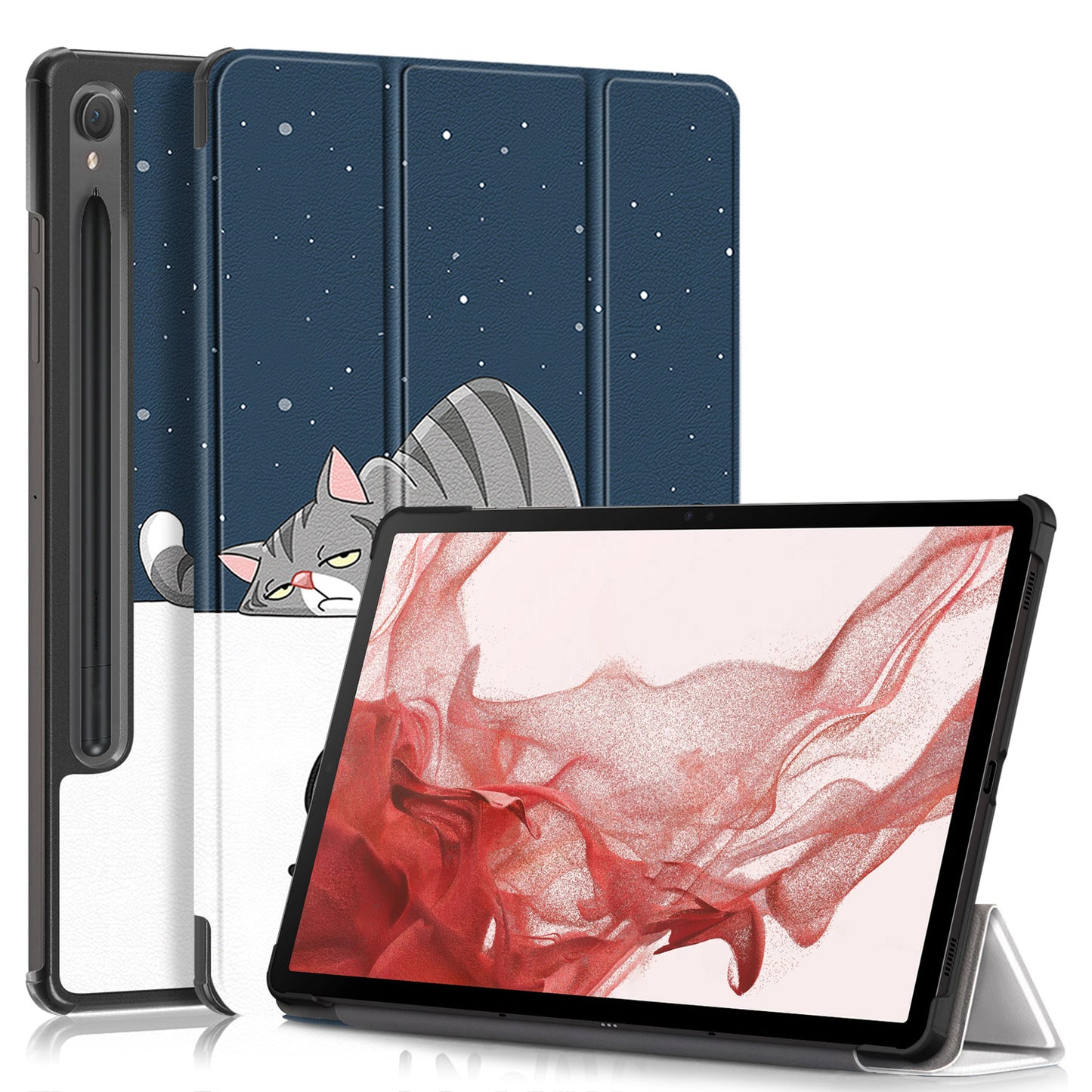 Uniqkart for Samsung Galaxy Tab S9 11-Inch SM-X710, SM-X716B, SM-X718U Pattern Printing Leather Tablet Case Trifold Stand Smart Cover - Cat