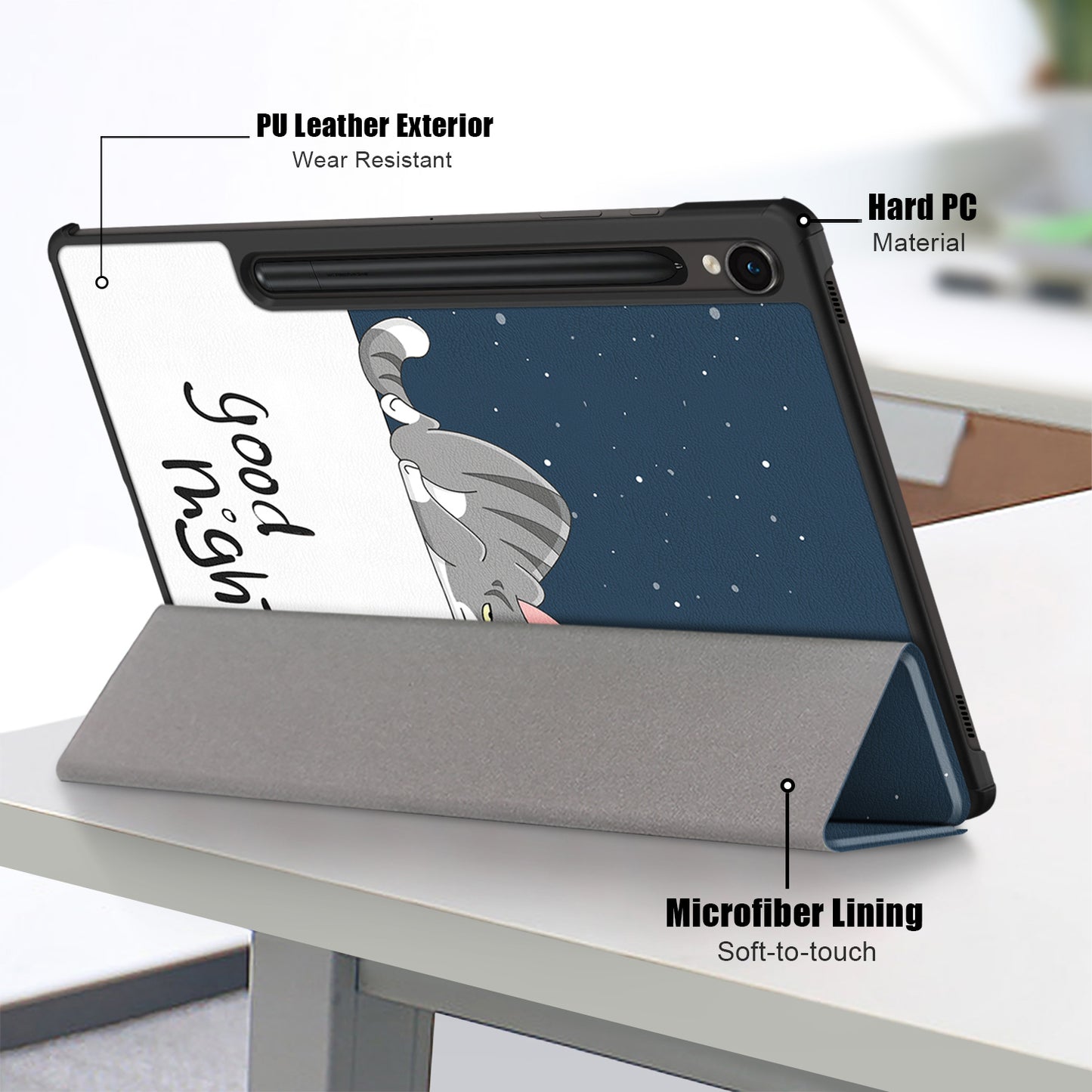 Uniqkart for Samsung Galaxy Tab S9 11-Inch SM-X710, SM-X716B, SM-X718U Pattern Printing Leather Tablet Case Trifold Stand Smart Cover - Cat