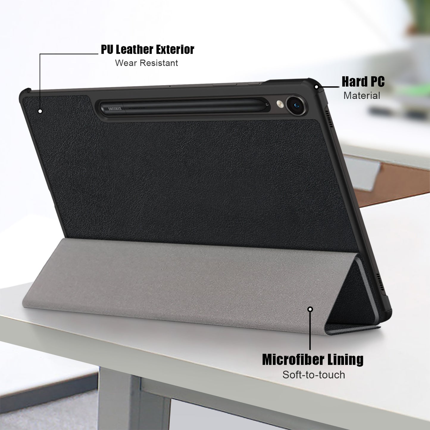 Uniqkart for Samsung Galaxy Tab S9 11-Inch SM-X710, SM-X716B, SM-X718U PU Leather Trifold Stand Cover Auto Wake / Sleep Smart Tablet Case - Black