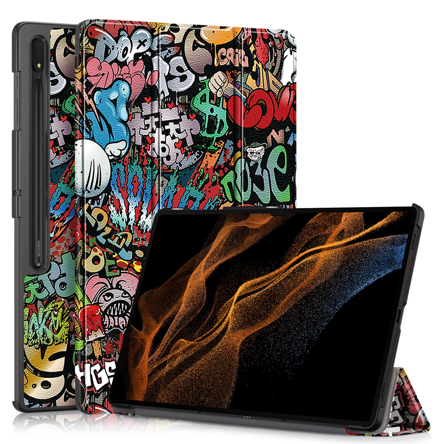 Tablet Leather Case for Samsung Galaxy Tab S9 Ultra SM-X910 M-X916B SM-X918 , Tri-fold Stand Pattern Printed Cover - Graffiti