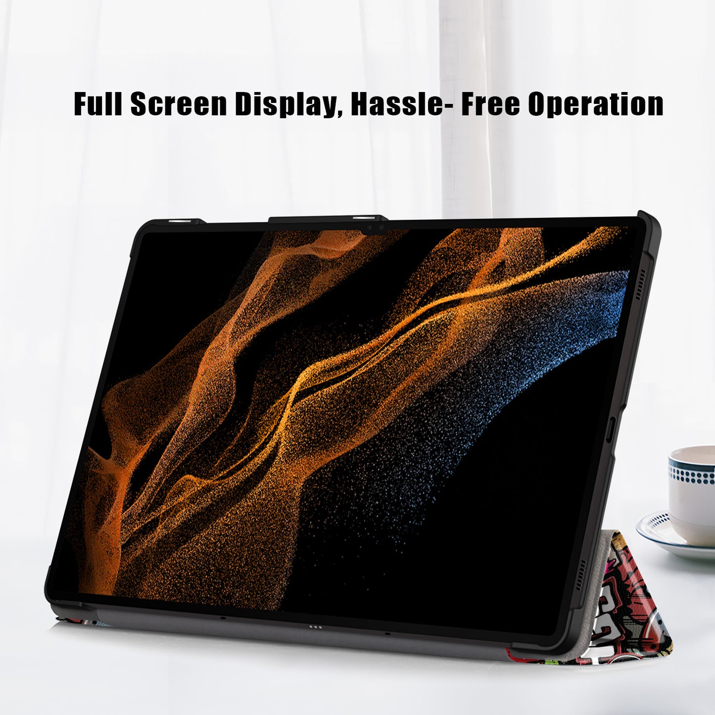 Tablet Leather Case for Samsung Galaxy Tab S9 Ultra SM-X910 M-X916B SM-X918 , Tri-fold Stand Pattern Printed Cover - Graffiti