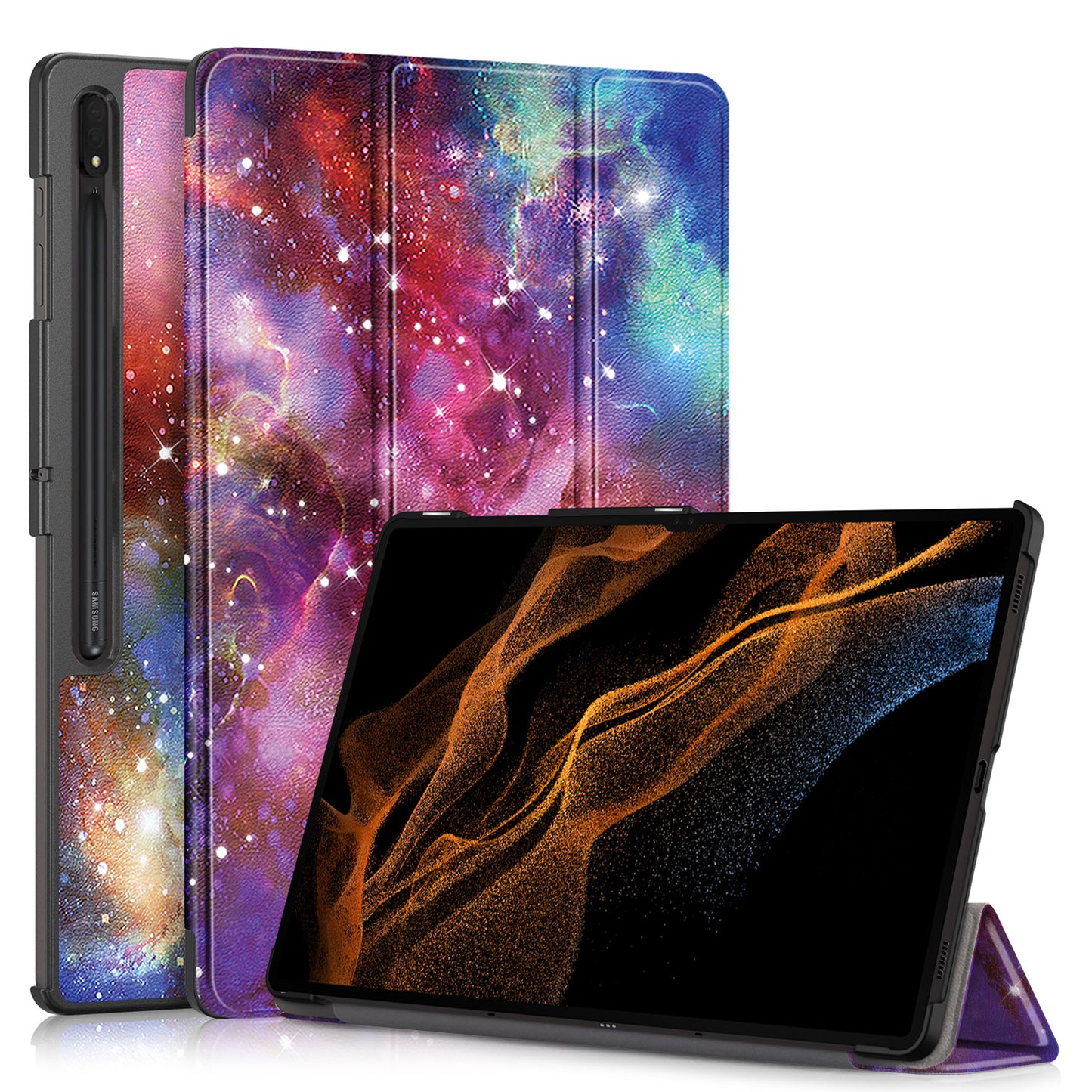 Tablet Leather Case for Samsung Galaxy Tab S9 Ultra SM-X910 M-X916B SM-X918 , Tri-fold Stand Pattern Printed Cover - Galaxy