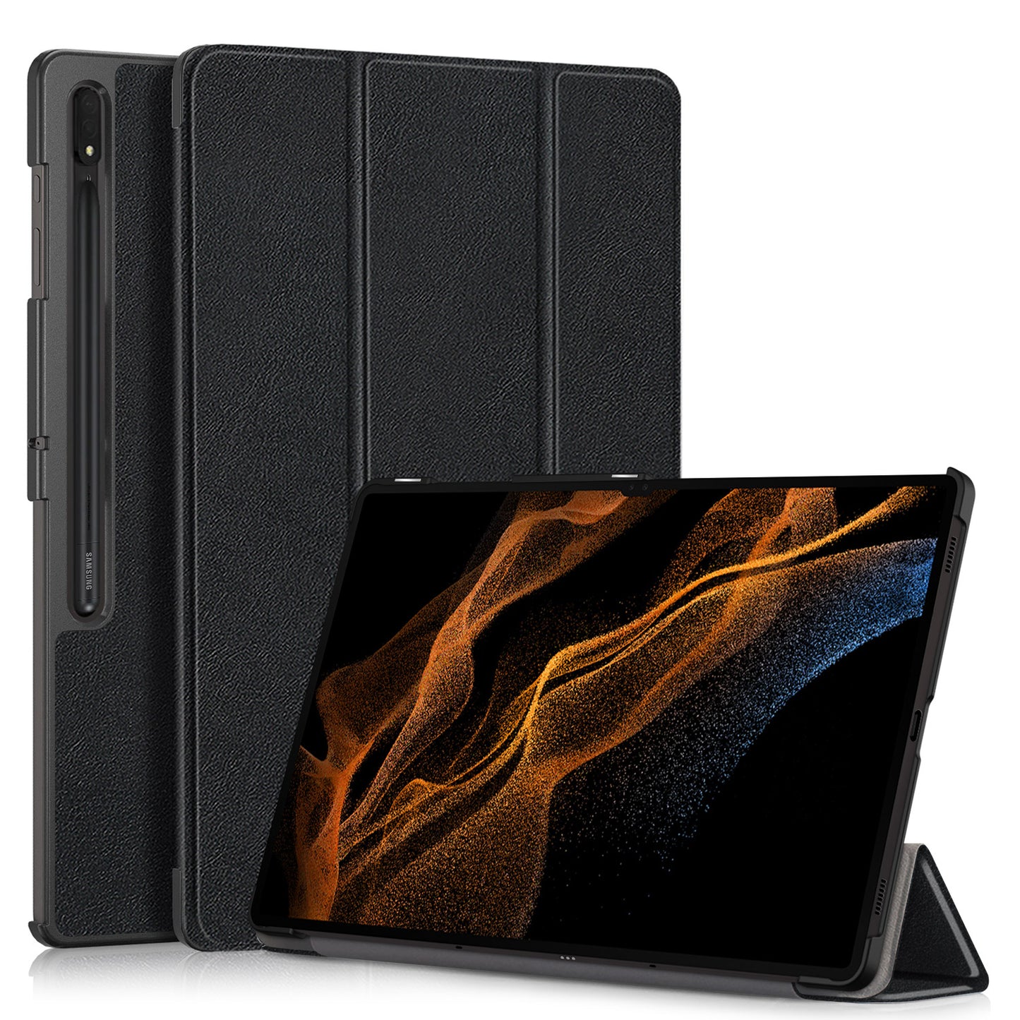 Leather Case for Samsung Galaxy Tab S9 Ultra SM-X910 M-X916B SM-X918U , Tri-fold Stand Anti-drop Tablet Cover - Black