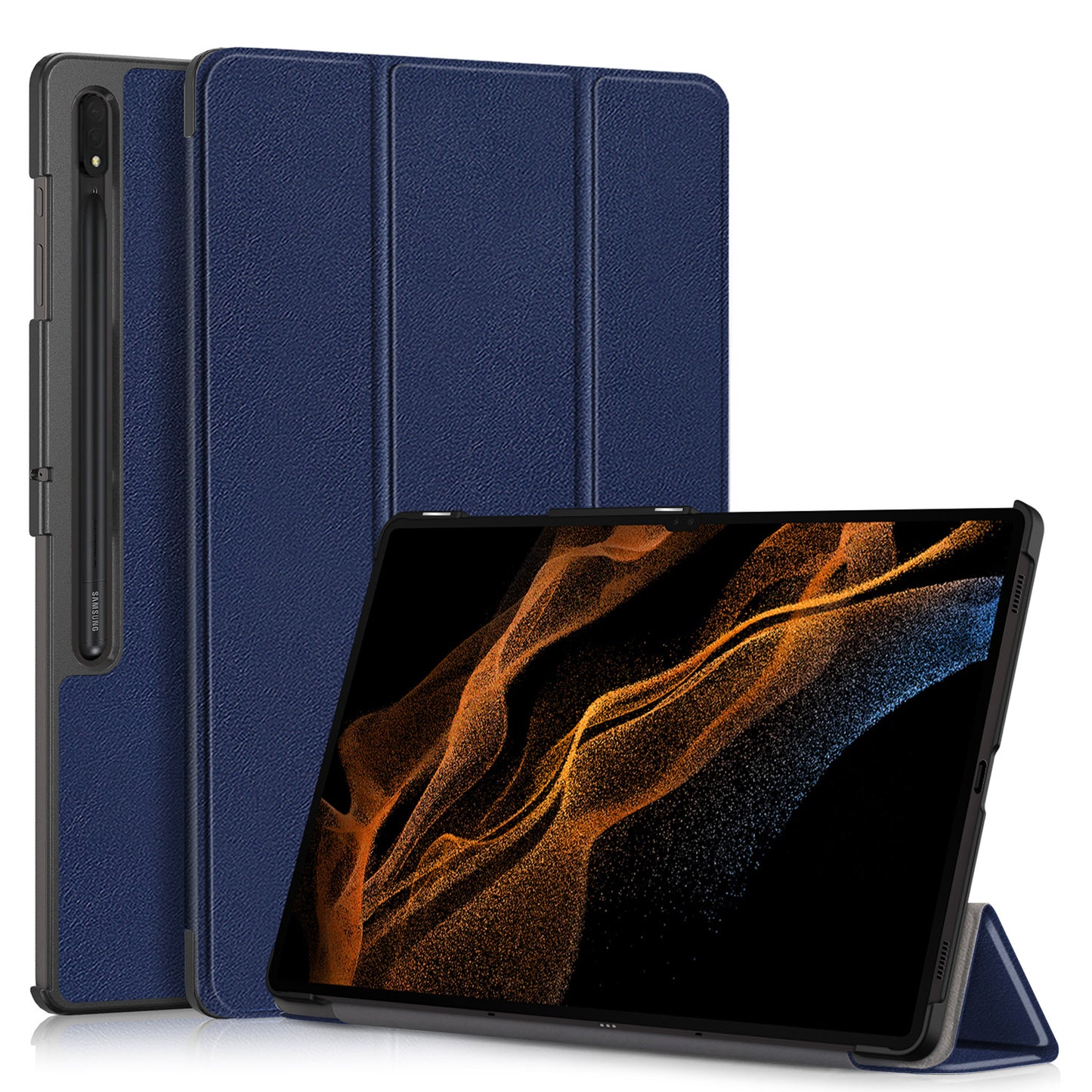 Leather Case for Samsung Galaxy Tab S9 Ultra SM-X910 M-X916B SM-X918U , Tri-fold Stand Anti-drop Tablet Cover - Dark Blue