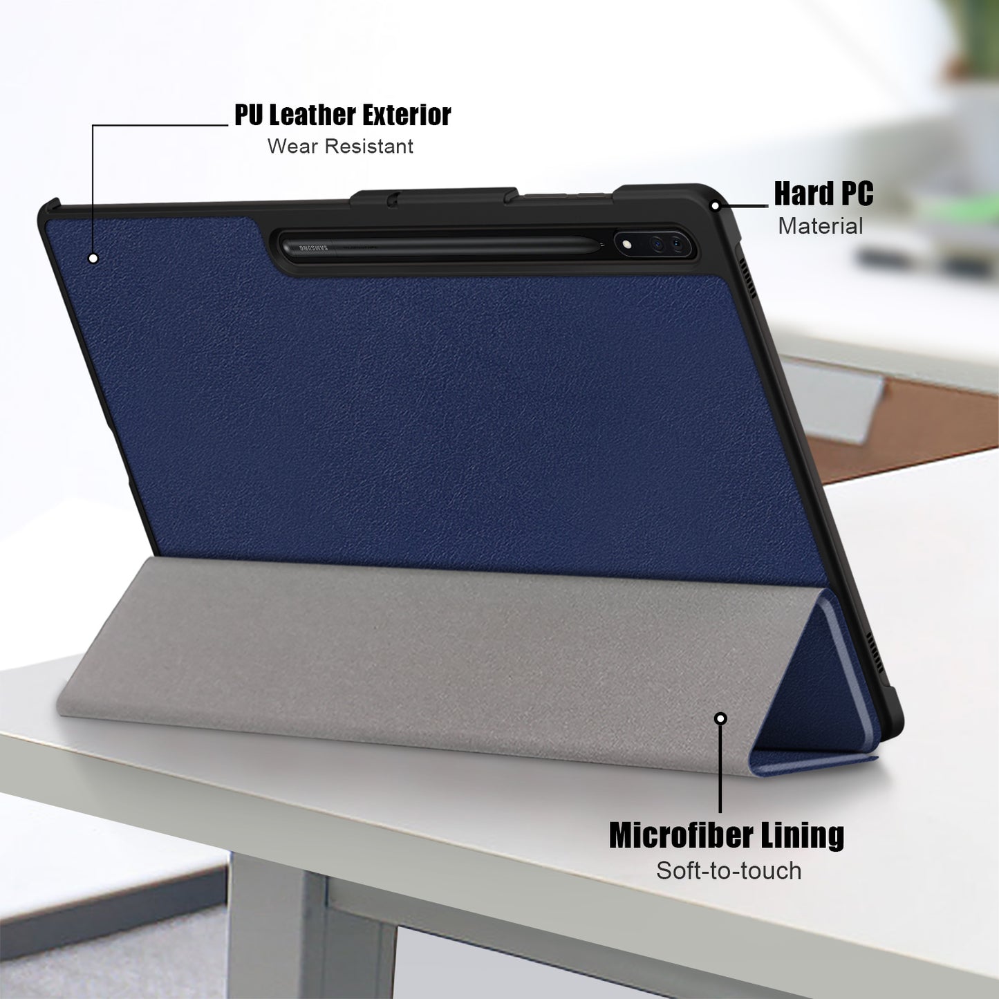 Leather Case for Samsung Galaxy Tab S9 Ultra SM-X910 M-X916B SM-X918U , Tri-fold Stand Anti-drop Tablet Cover - Dark Blue