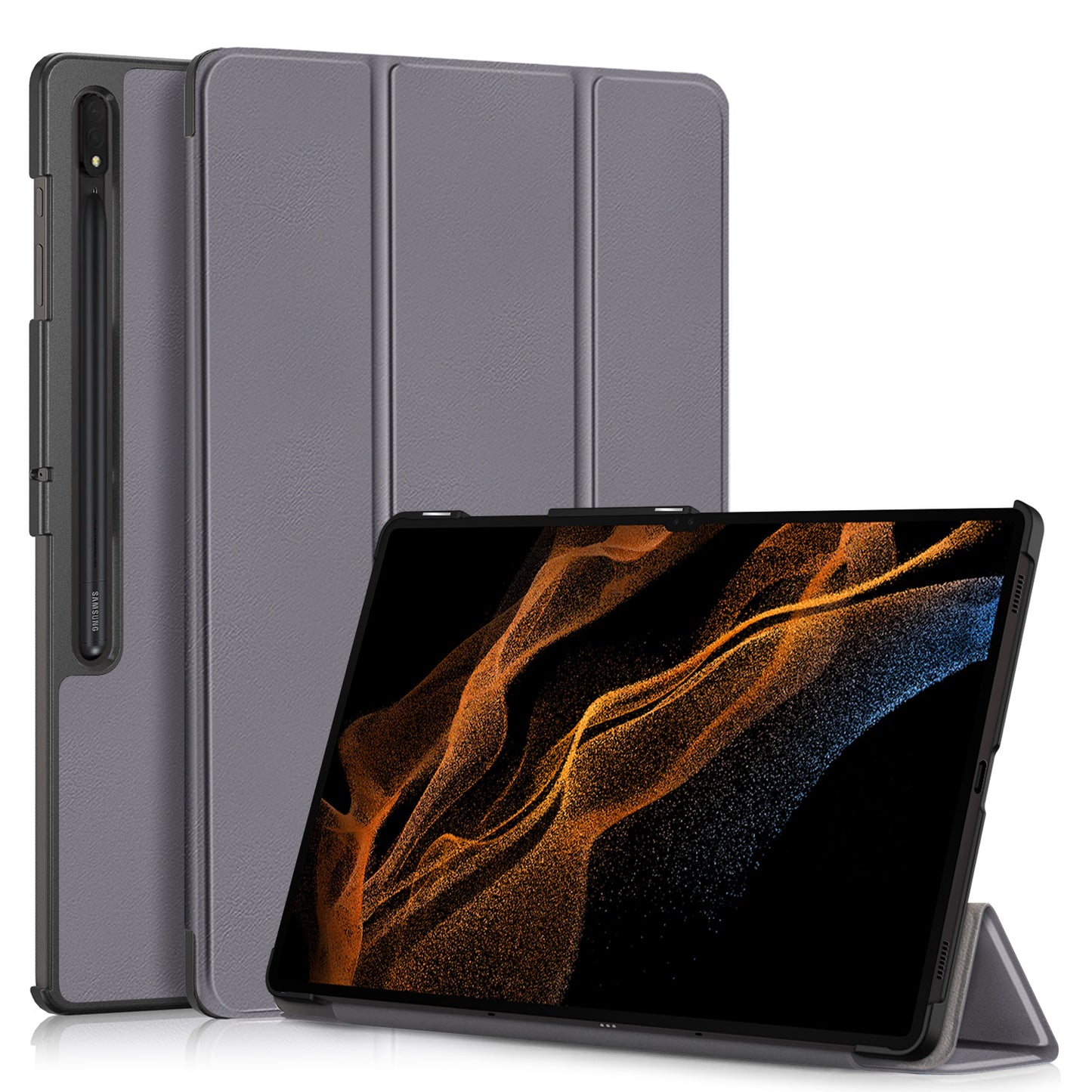 Leather Case for Samsung Galaxy Tab S9 Ultra SM-X910 M-X916B SM-X918U , Tri-fold Stand Anti-drop Tablet Cover - Grey