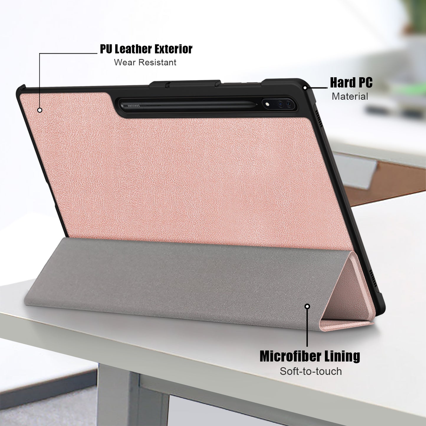 Leather Case for Samsung Galaxy Tab S9 Ultra SM-X910 M-X916B SM-X918U , Tri-fold Stand Anti-drop Tablet Cover - Rose Gold