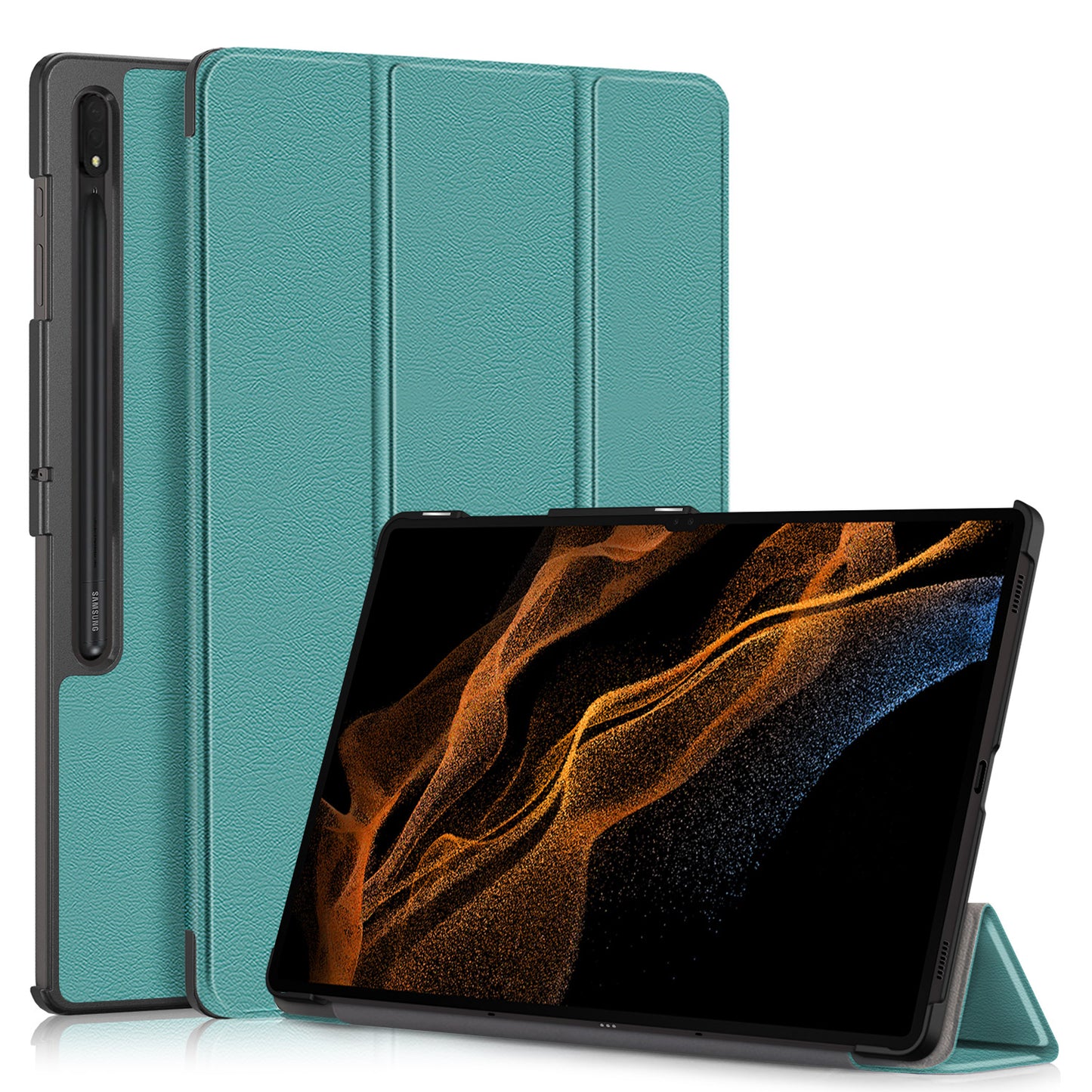 Leather Case for Samsung Galaxy Tab S9 Ultra SM-X910 M-X916B SM-X918U , Tri-fold Stand Anti-drop Tablet Cover - Blackish Green